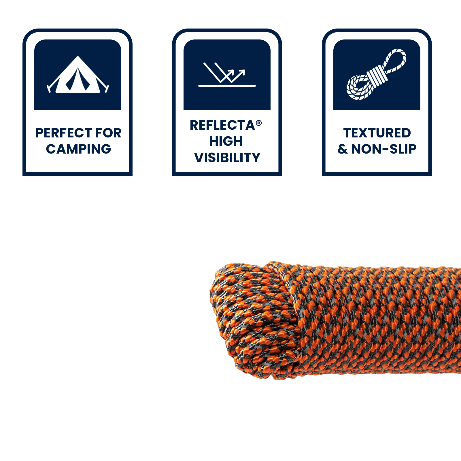 GRUNT 6mm x 20m Orange Reflecta-Tex Rope – thick high-visibility reflective rope for site safety, camping, and outdoor perimeter marking. Textured grip surface with night-reflective threads. Available at Bunnings AU and NZ.