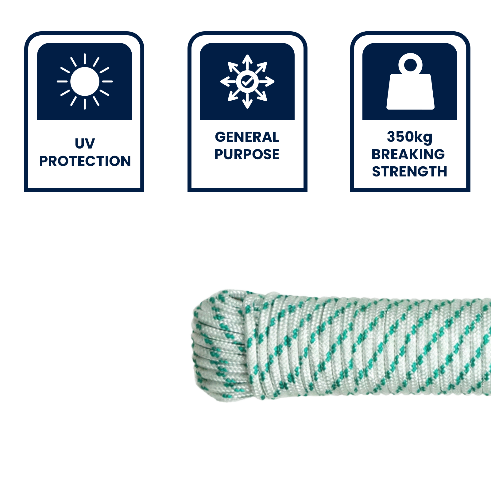 GRUNT 6mm x 25m White and Green Outdoor Rope – durable twisted polypropylene rope for garden, camping, and general outdoor use. UV-resistant and weatherproof. Available at Bunnings NZ.