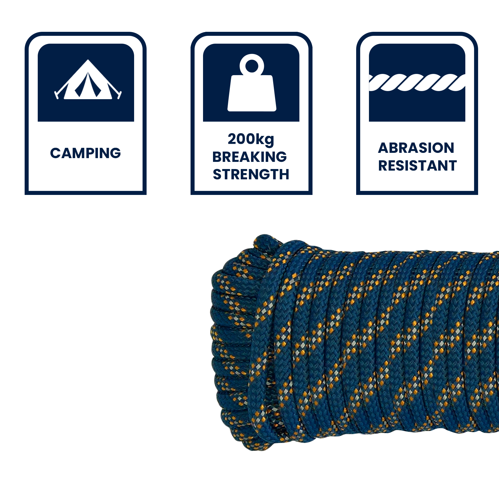 GRUNT 6mm x 30m Multicolour Reflective Rope – night-visible safety rope for camping, hiking, site marking, and perimeter barriers. Reflective threads for low-light and dark condition safety. Available at Bunnings AU and NZ.