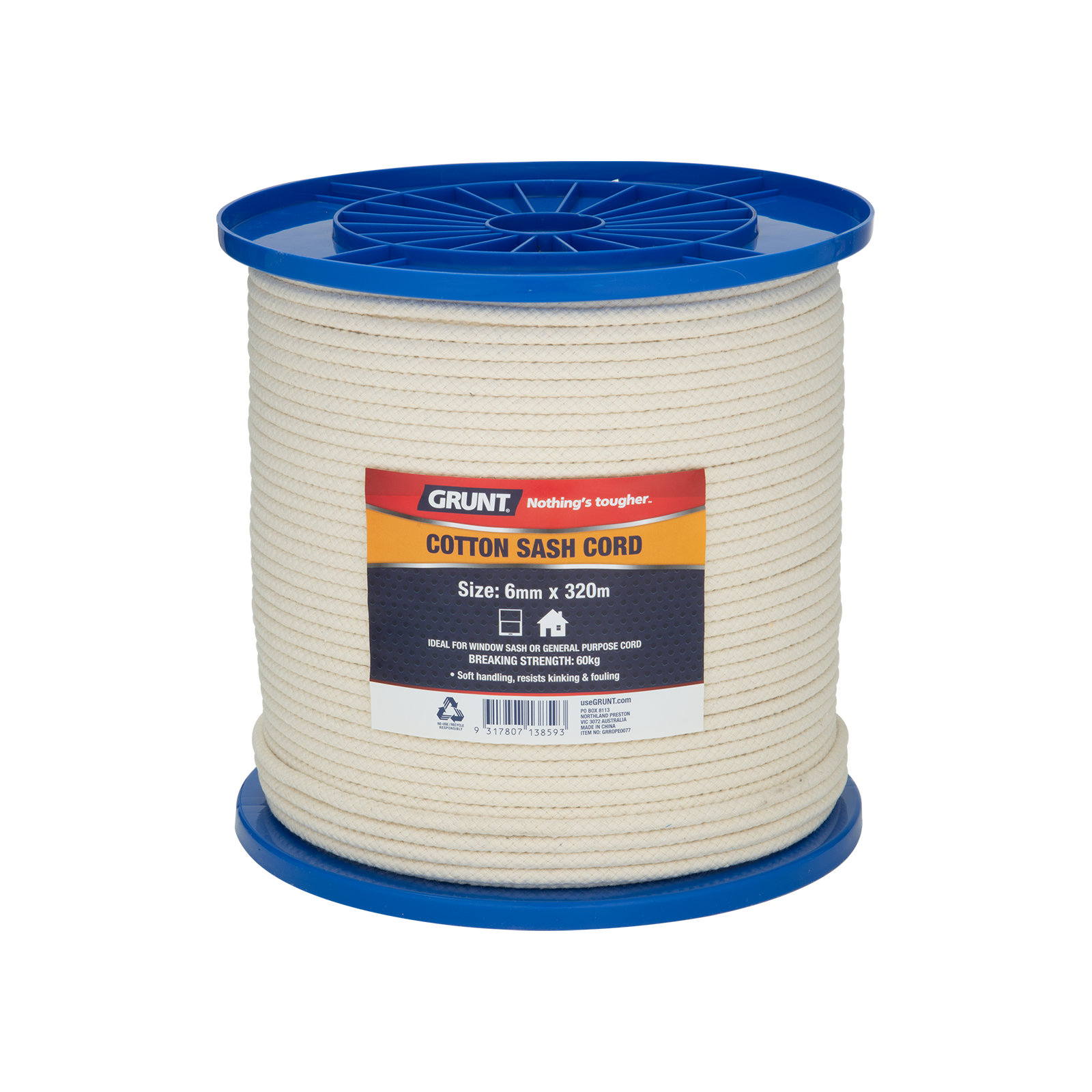 GRUNT 6mm x 320m White Cotton Sash Cord Reel – bulk trade reel of twisted cotton cord for window sash, pulley, and general construction applications. Cost-effective for professional installers. Available at Bunnings AU.