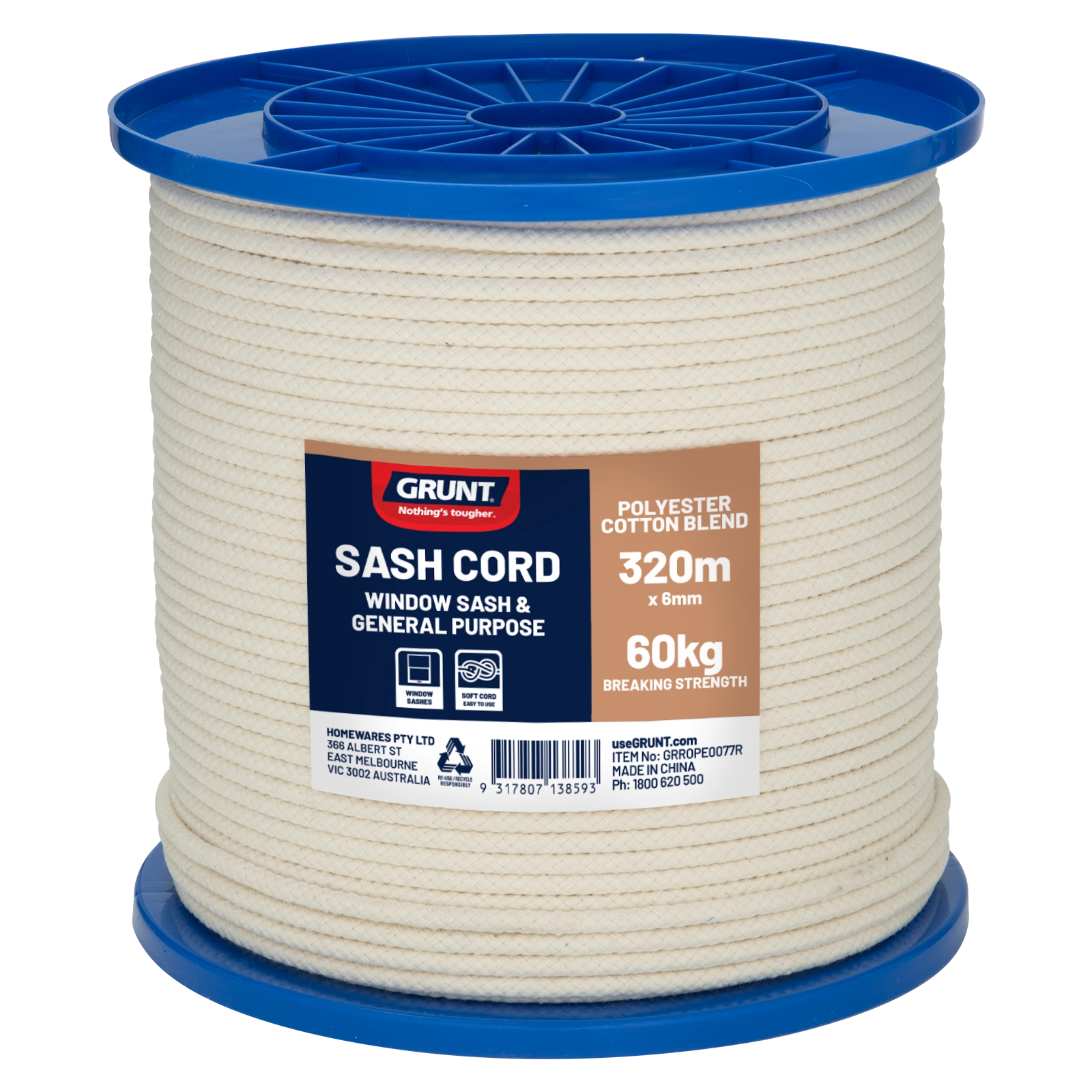 GRUNT 6mm x 320m White Cotton Sash Cord Reel – bulk trade reel of twisted cotton cord for window sash, pulley, and general construction applications. Cost-effective for professional installers. Available at Bunnings AU.