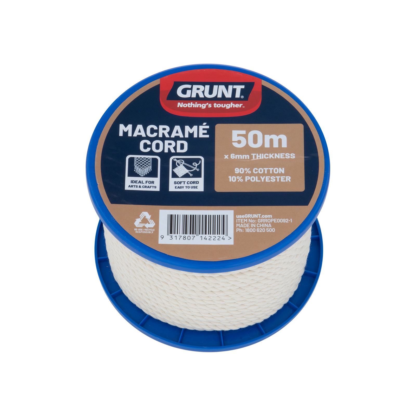 GRUNT 6mm x 50m White Macramé Cotton Cord – thick soft twisted cotton cord for large macramé projects, wall art, and decorative plant hangers. Premium natural fibre craft cord. Available at Bunnings AU and NZ.