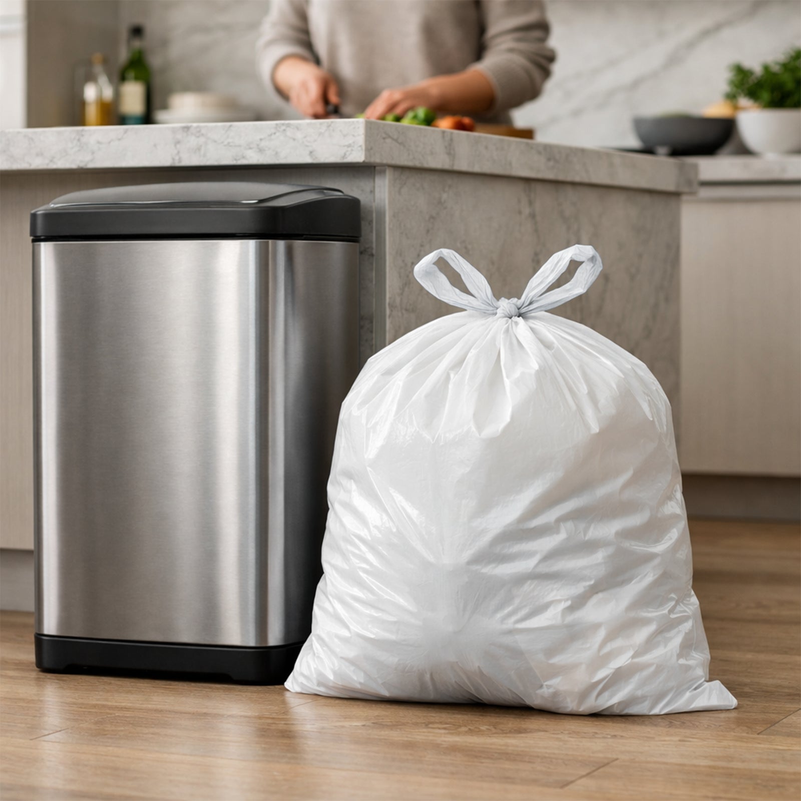 GRUNT 34L White Large Kitchen Tidy Bags 50-Pack – large clean white bin liners for 34L kitchen bins. Durable, leak-resistant bags for everyday household waste. Available at Bunnings AU.