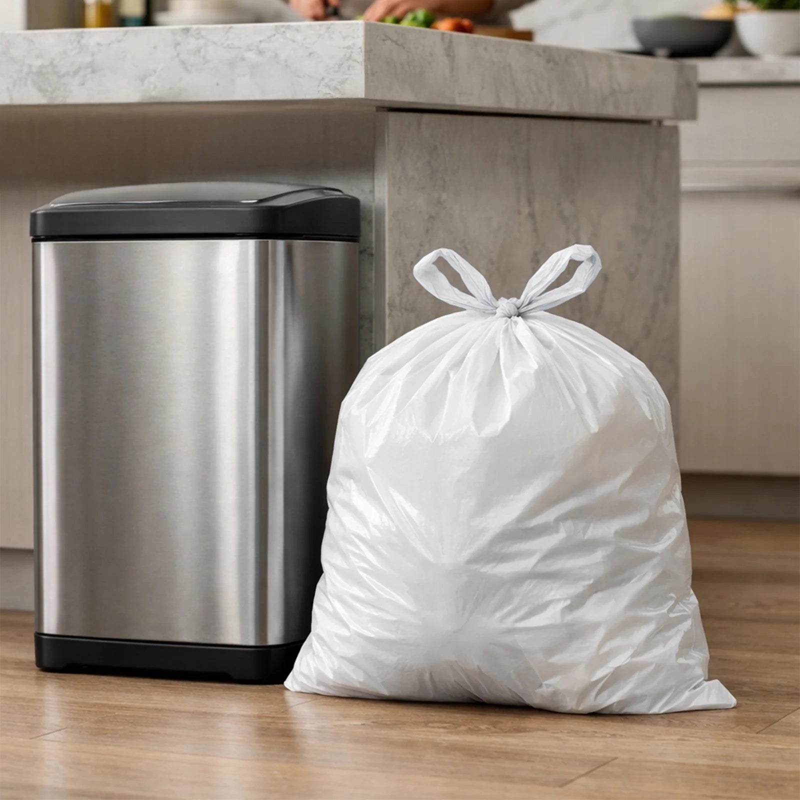GRUNT 34L White Large Kitchen Tidy Bags 50-Pack – large clean white bin liners for 34L kitchen bins. Durable, leak-resistant bags for everyday household waste. Available at Bunnings AU.
