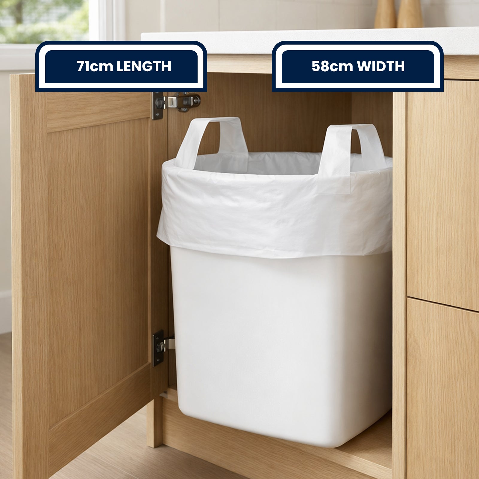 GRUNT 34L White Large Kitchen Tidy Bags 50-Pack – large clean white bin liners for 34L kitchen bins. Durable, leak-resistant bags for everyday household waste. Available at Bunnings AU.