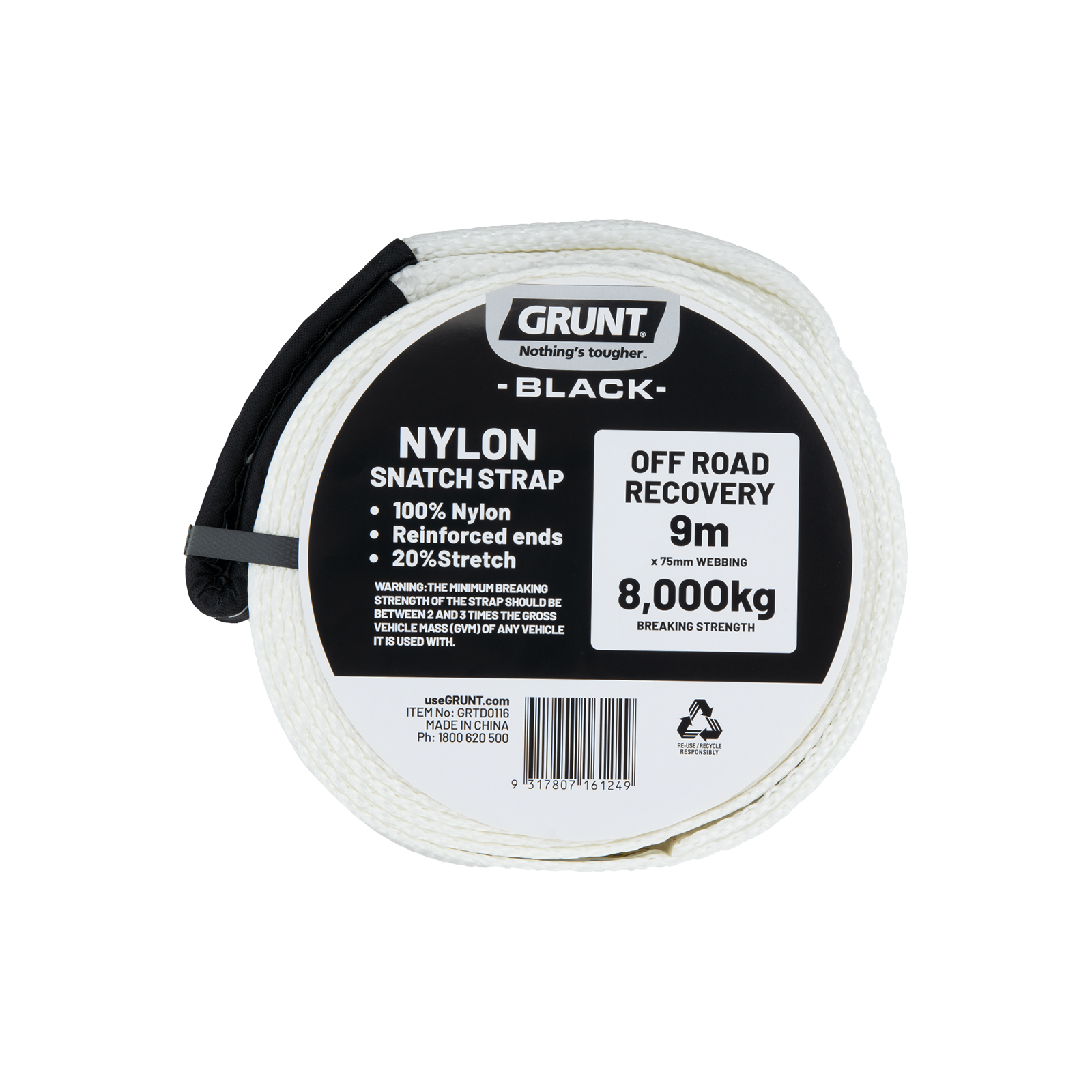 GRUNT 75mm x 9m Cream Nylon Snatch Recovery Strap – 8000kg break strength kinetic recovery strap for 4WD and off-road vehicle recovery. Stretch-absorbing nylon for safe, controlled extraction. Available at Bunnings AU and NZ.