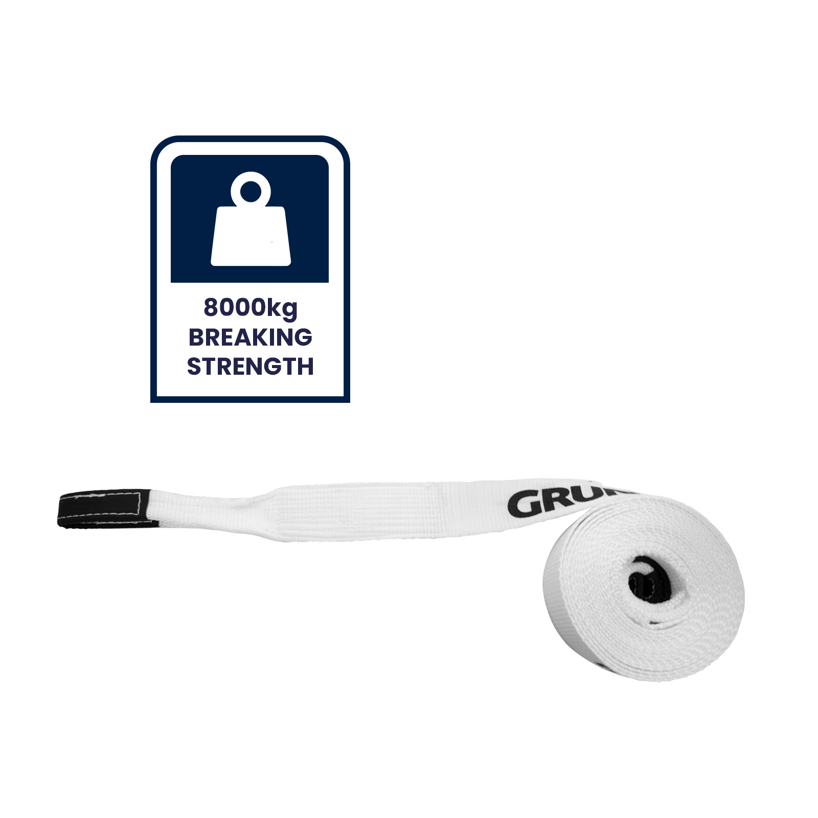 GRUNT 75mm x 9m Cream Nylon Snatch Recovery Strap – 8000kg break strength kinetic recovery strap for 4WD and off-road vehicle recovery. Stretch-absorbing nylon for safe, controlled extraction. Available at Bunnings AU and NZ.