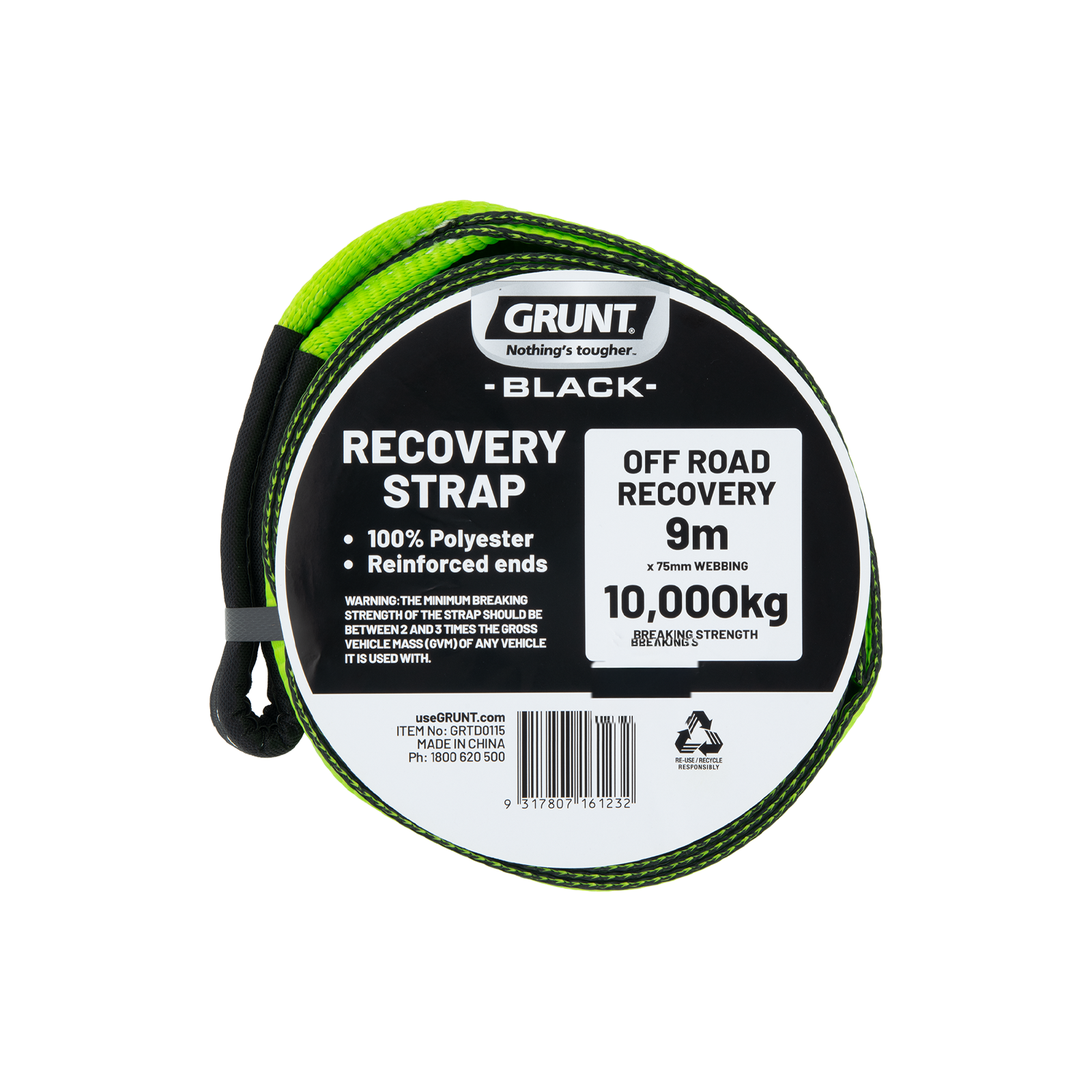 GRUNT 75mm x 9m Green Recovery Strap – 10000kg 4WD recovery strap for vehicle extraction from mud, sand, and off-road terrain. Heavy-duty nylon construction for safe and efficient recovery. Available at Bunnings AU and NZ.