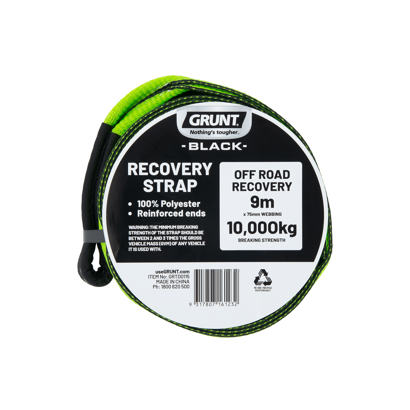 GRUNT 75mm x 9m Green Recovery Strap – 10000kg 4WD recovery strap for vehicle extraction from mud, sand, and off-road terrain. Heavy-duty nylon construction for safe and efficient recovery. Available at Bunnings AU and NZ.