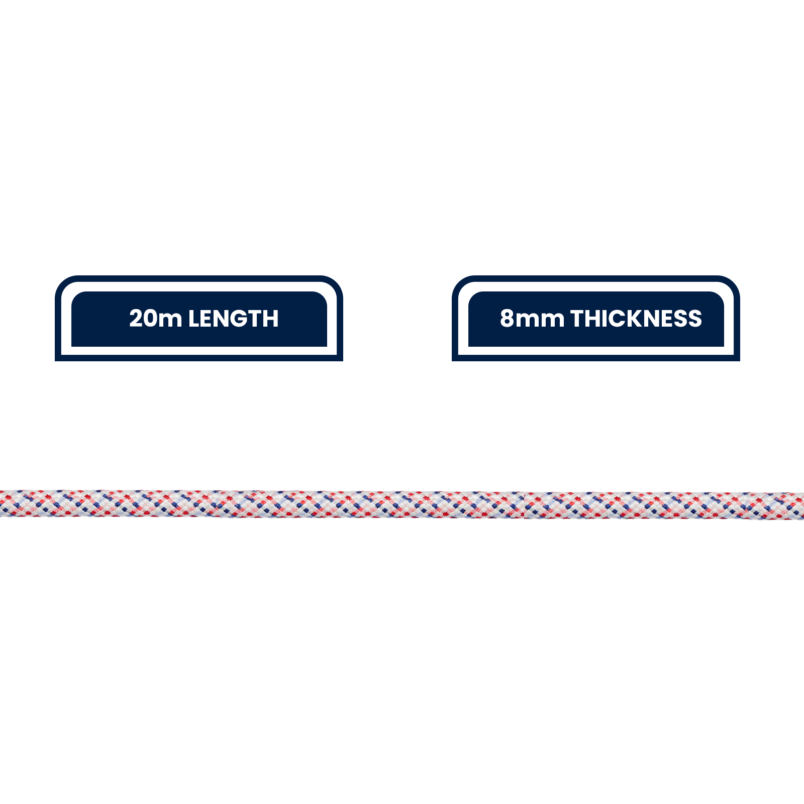 GRUNT 8mm x 20m White with Blue and Red Tracer Tradie Rope – 1000kg rated tradie rope for heavy-duty securing, towing, and load restraint. High-visibility tracer strands for easy identification on site. Available at Bunnings NZ.