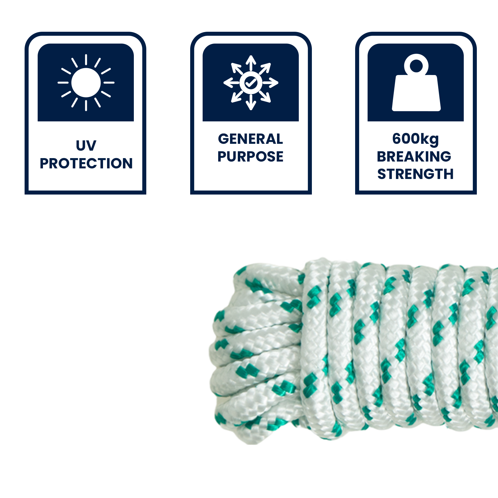 GRUNT 8mm x 10m White and Green Outdoor Rope – strong twisted rope for tying, bundling, and securing loads outdoors. Ideal for DIY and tradie use. Available at Bunnings AU and NZ.