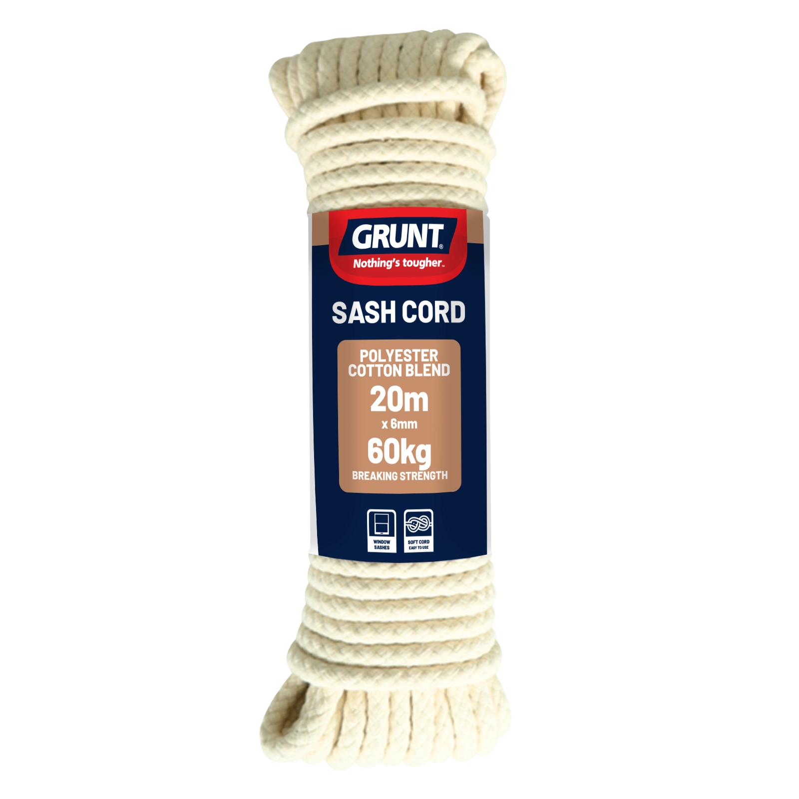 GRUNT 8mm x 15m Natural Cotton Sash Cord – thick twisted cotton cord ideal for heavy window sashes, hanging, and DIY household projects. Strong and natural fibre construction. Available at Bunnings AU and NZ.