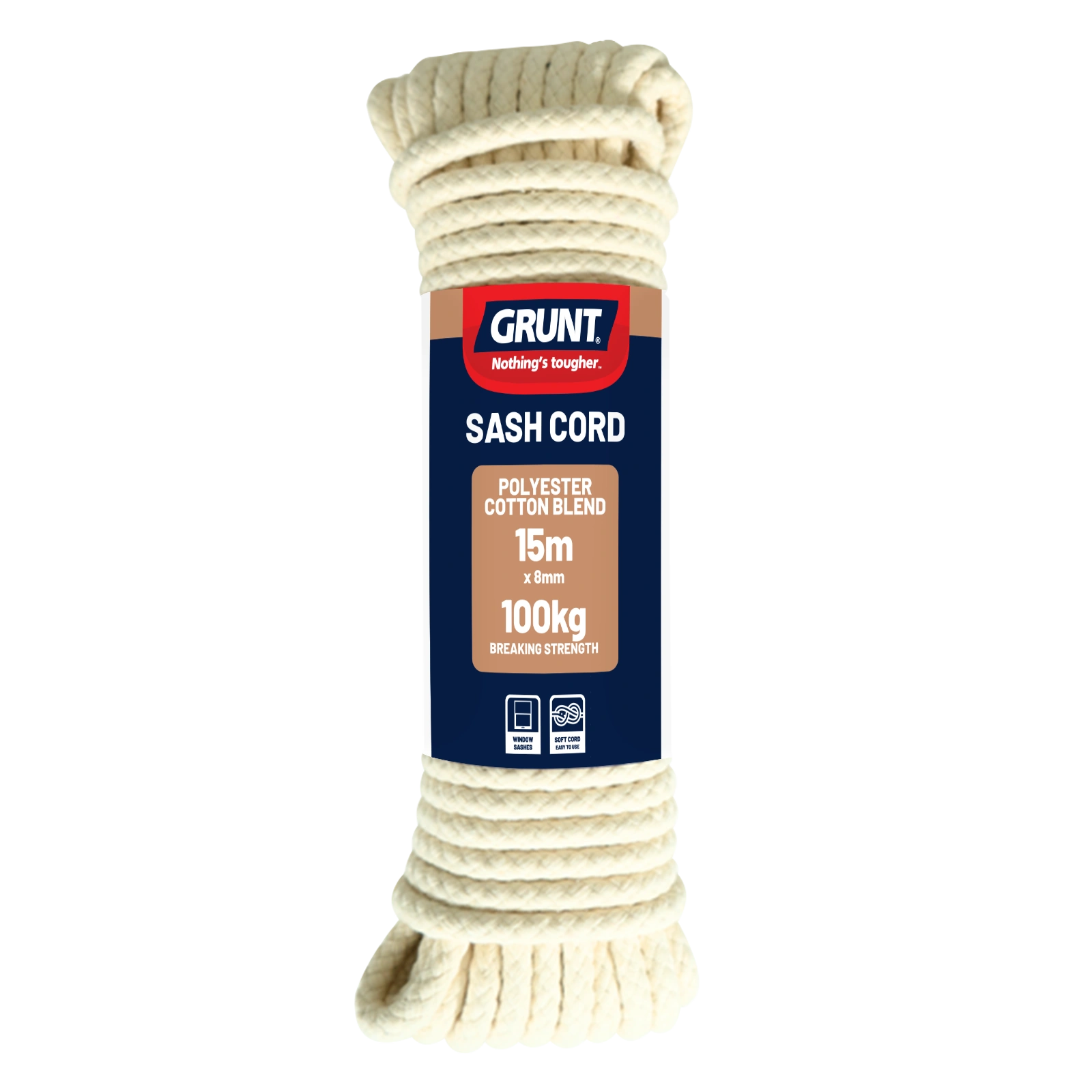GRUNT 8mm x 15m Natural Cotton Sash Cord – thick twisted cotton cord ideal for heavy window sashes, hanging, and DIY household projects. Strong and natural fibre construction. Available at Bunnings AU and NZ.