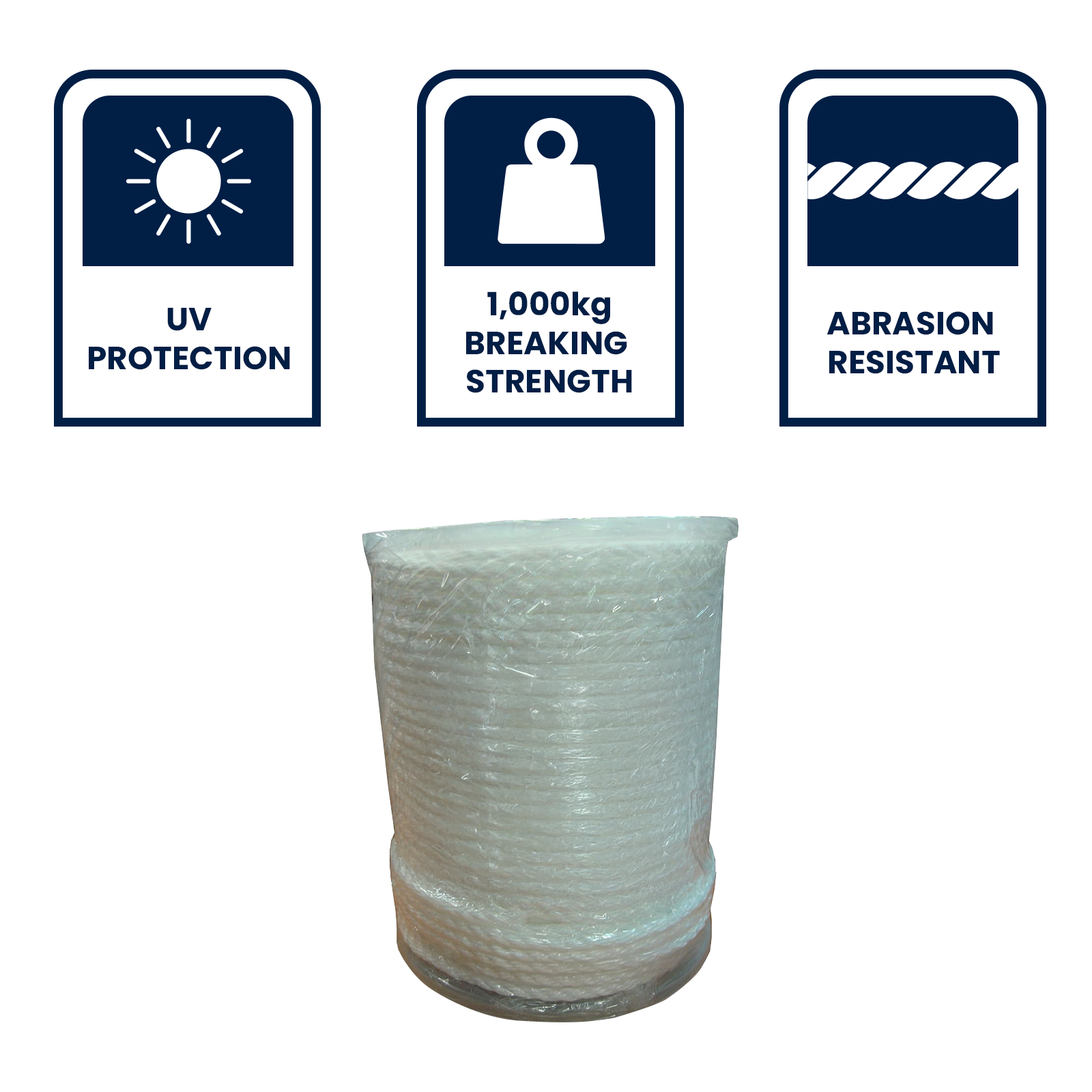 GRUNT 8mm x 170m White Super Silver Rope – heavy-duty bulk reel of UV-stable polypropylene rope for construction, fencing, and outdoor commercial applications. High tensile strength for demanding jobs. Available at Bunnings AU.