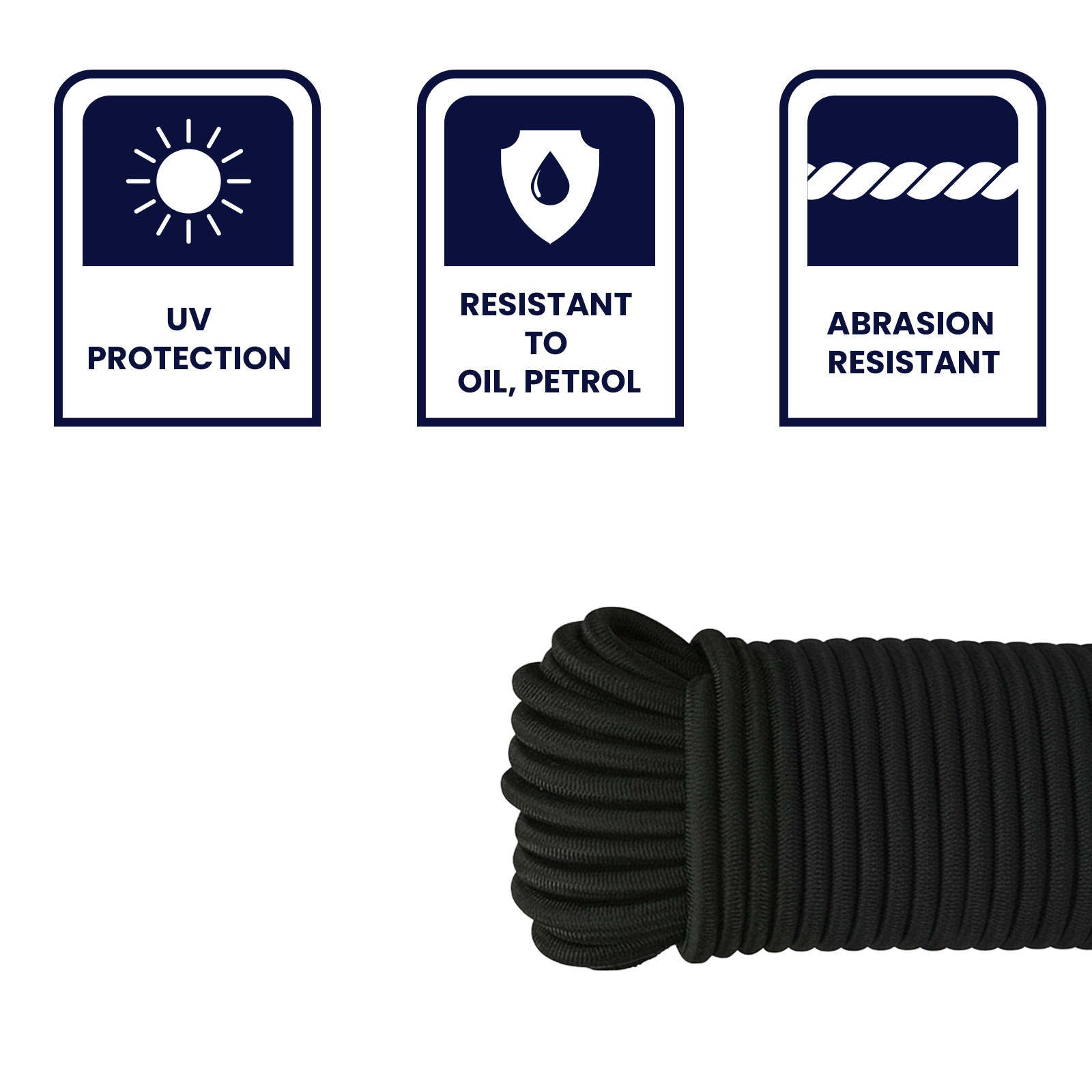 GRUNT 8mm x 20m Black Shock Cord – long-run thick elastic bungee cord for heavy tarp securing, marine canopies, and industrial tie-down applications. High-tensile braided rubber cord. Available at Bunnings AU and NZ.