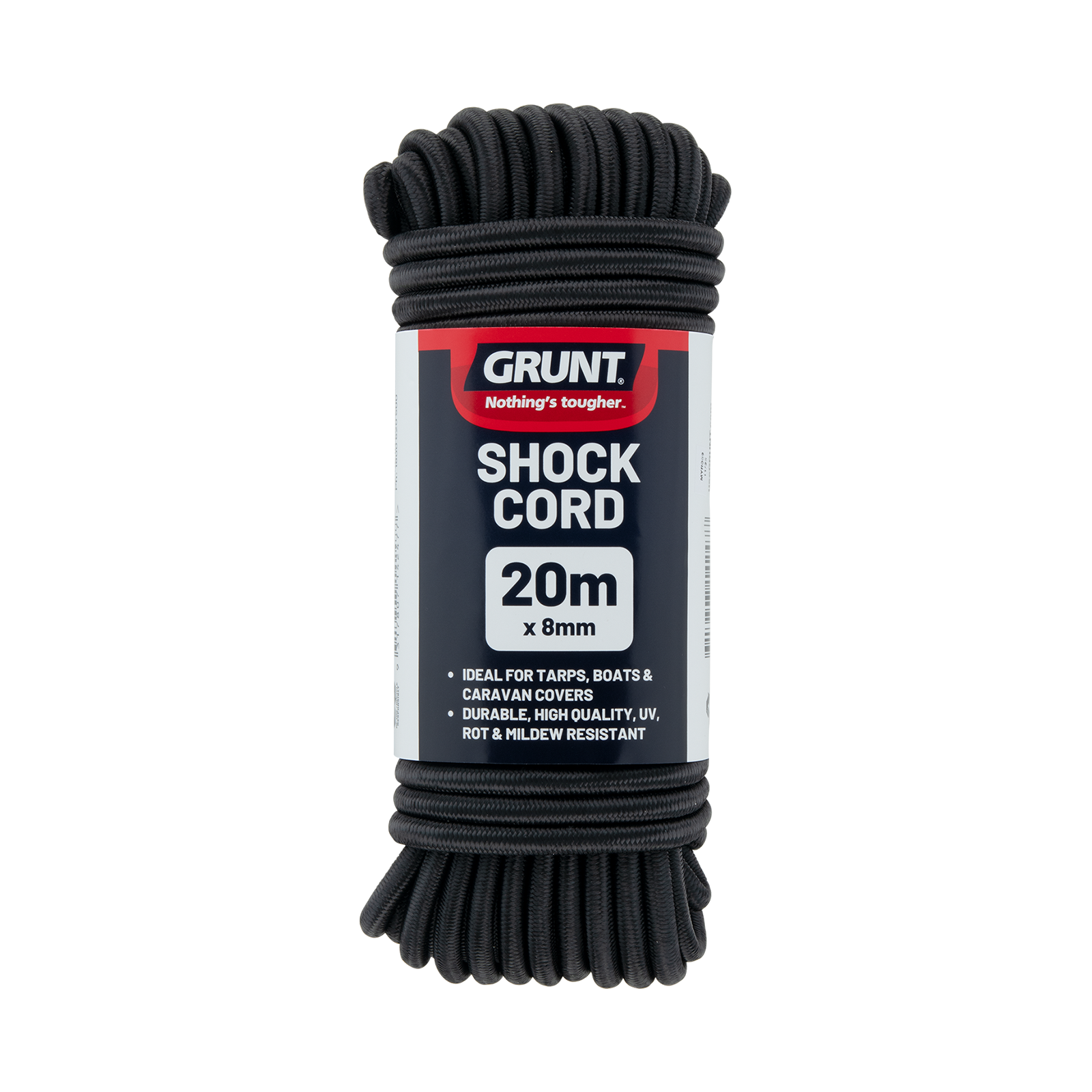GRUNT 8mm x 20m Black Shock Cord – long-run thick elastic bungee cord for heavy tarp securing, marine canopies, and industrial tie-down applications. High-tensile braided rubber cord. Available at Bunnings AU and NZ.