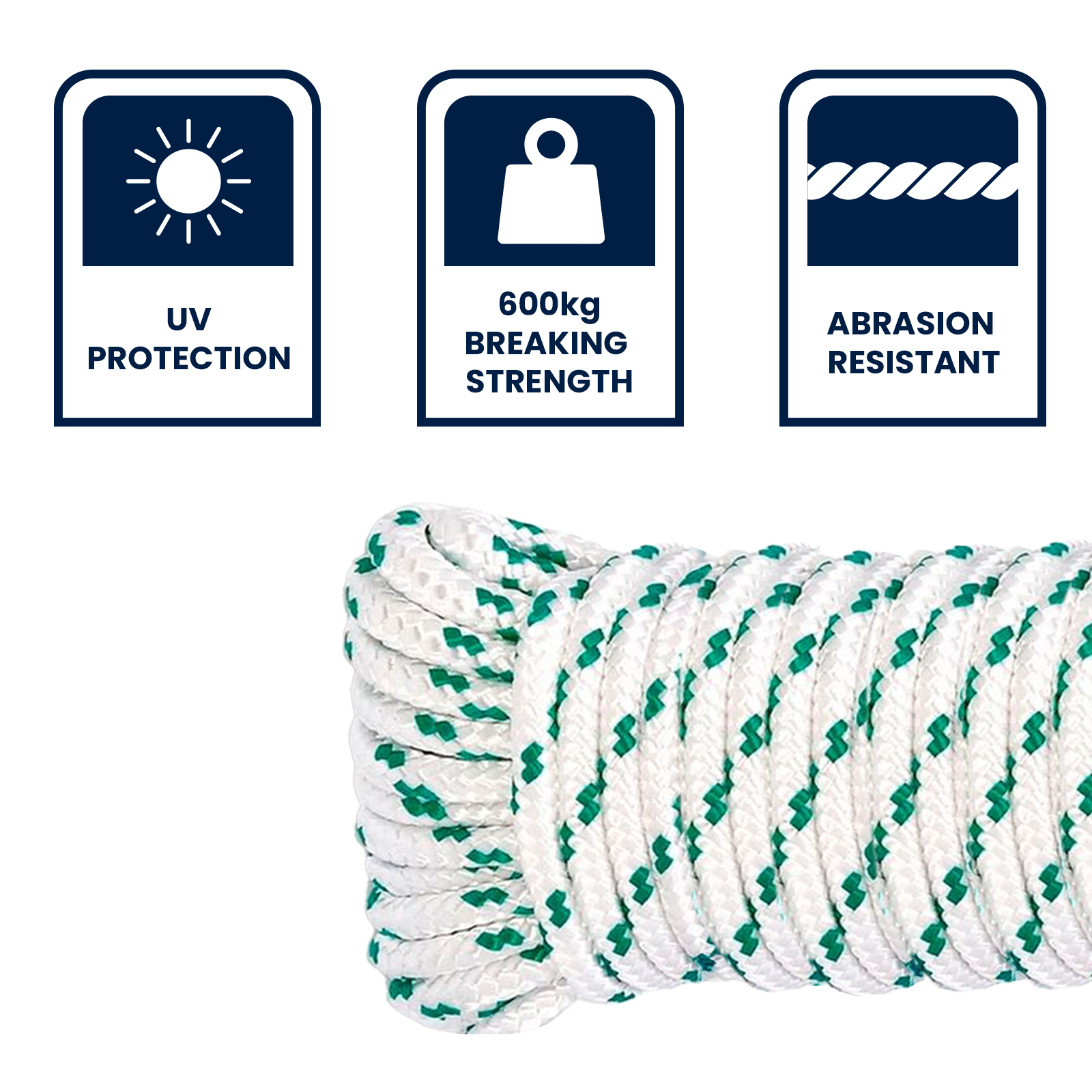 GRUNT 8mm x 25m White and Green Outdoor Rope – UV-stabilised polypropylene rope for outdoor, marine, and construction use. High-strength, long-length rope for professionals and DIYers. Available at Bunnings AU and NZ.