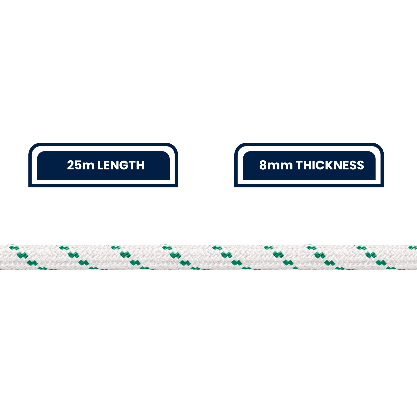 GRUNT 8mm x 25m White and Green Outdoor Rope – UV-stabilised polypropylene rope for outdoor, marine, and construction use. High-strength, long-length rope for professionals and DIYers. Available at Bunnings AU and NZ.