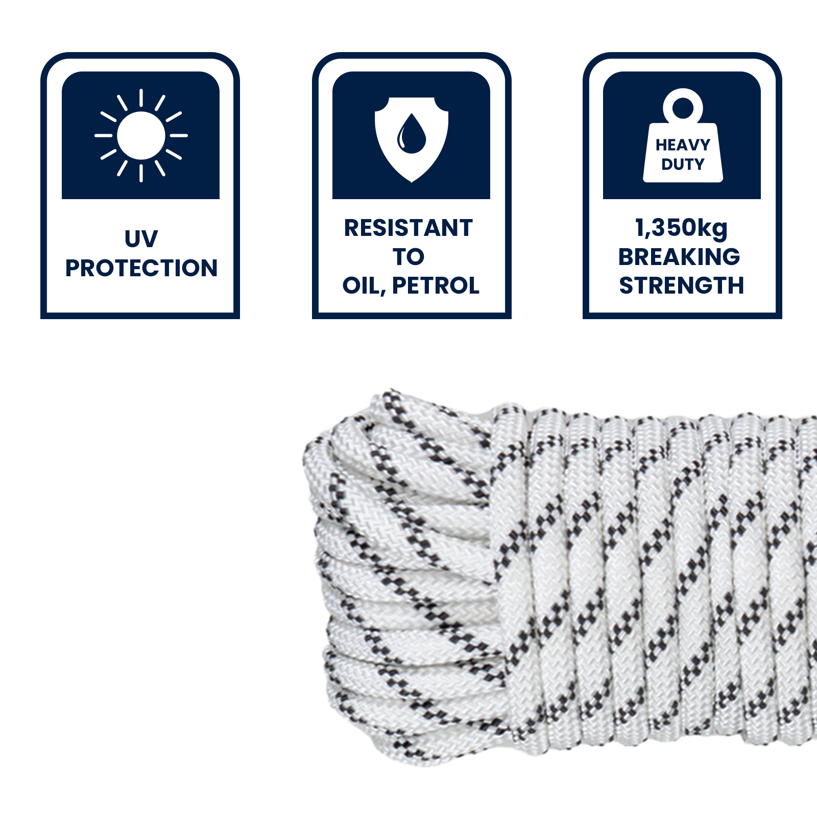 GRUNT 8mm x 30m White High Strength Rope – long-length high-tensile polypropylene rope for heavy-duty outdoor, marine, and construction use. UV-stable and durable. Available at Bunnings AU and NZ.