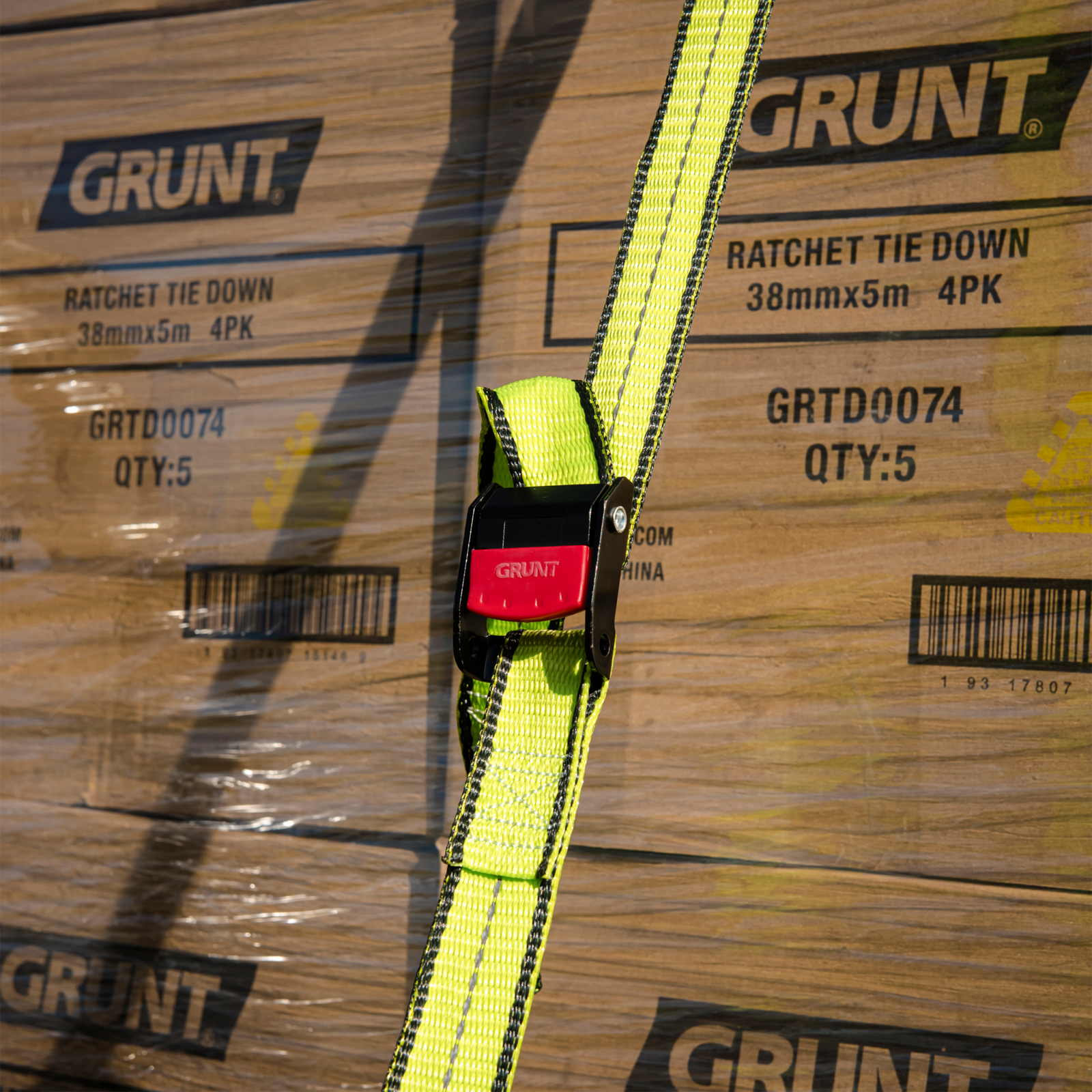 GRUNT Pro 25mm x 3m Cam Buckle Tie Down 2-Pack – professional pull-type cam buckle tie-down straps for securing motorcycles, light loads, and bikes. Soft and secure cam-lock design. Available at Bunnings AU and NZ.