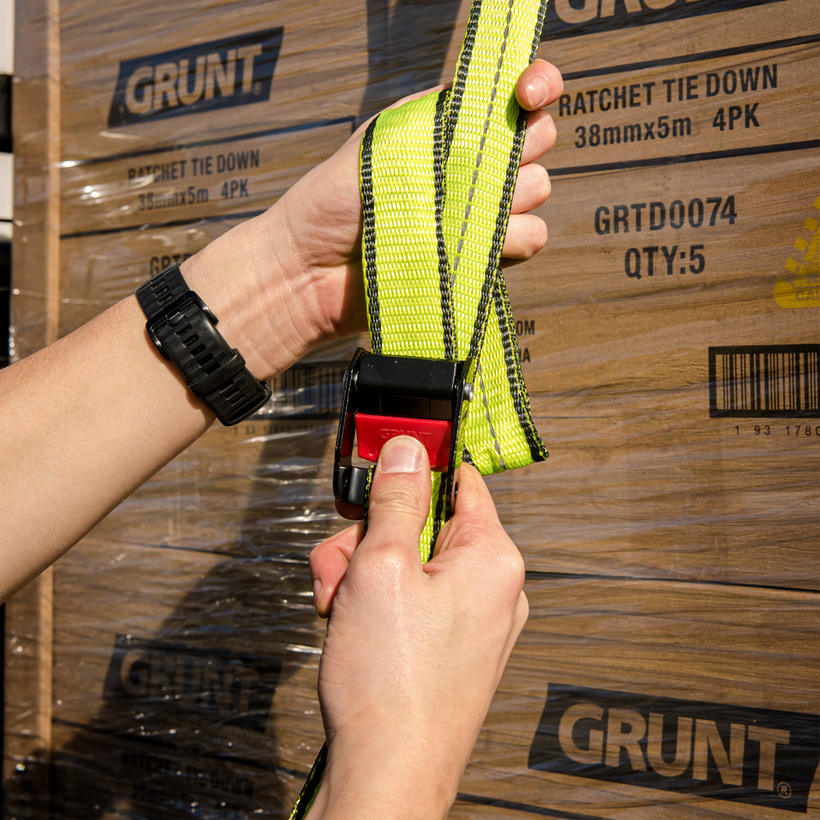 GRUNT Pro 25mm x 3m Cam Buckle Tie Down 2-Pack – professional pull-type cam buckle tie-down straps for securing motorcycles, light loads, and bikes. Soft and secure cam-lock design. Available at Bunnings AU and NZ.