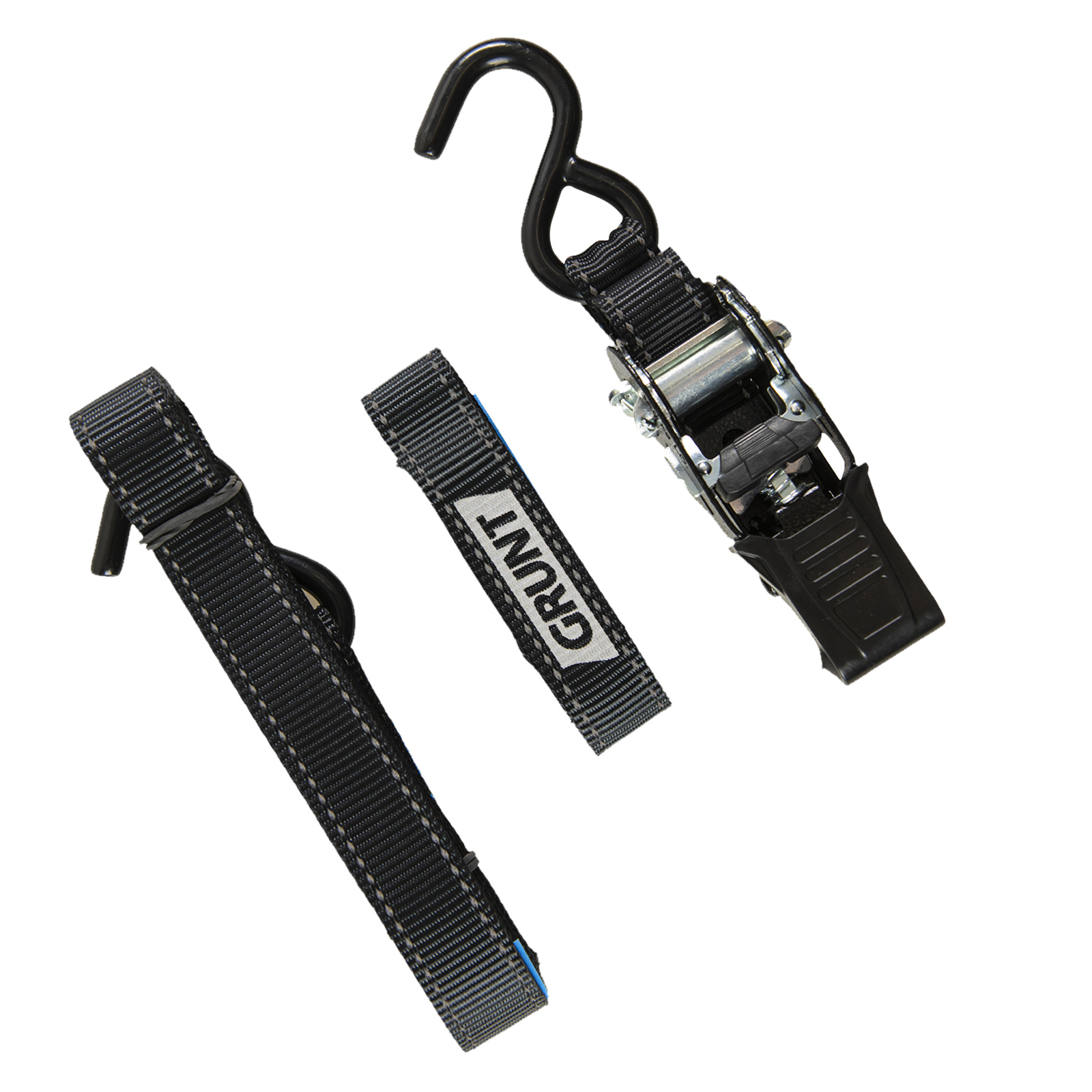 GRUNT Pro 25mm x 4m Black Ratchet Tie Down Straps 4-Pack – professional value 4-pack of ratchet straps for securing bikes, light cargo, and equipment on trailers. Reliable and compact. Available at Bunnings NZ.