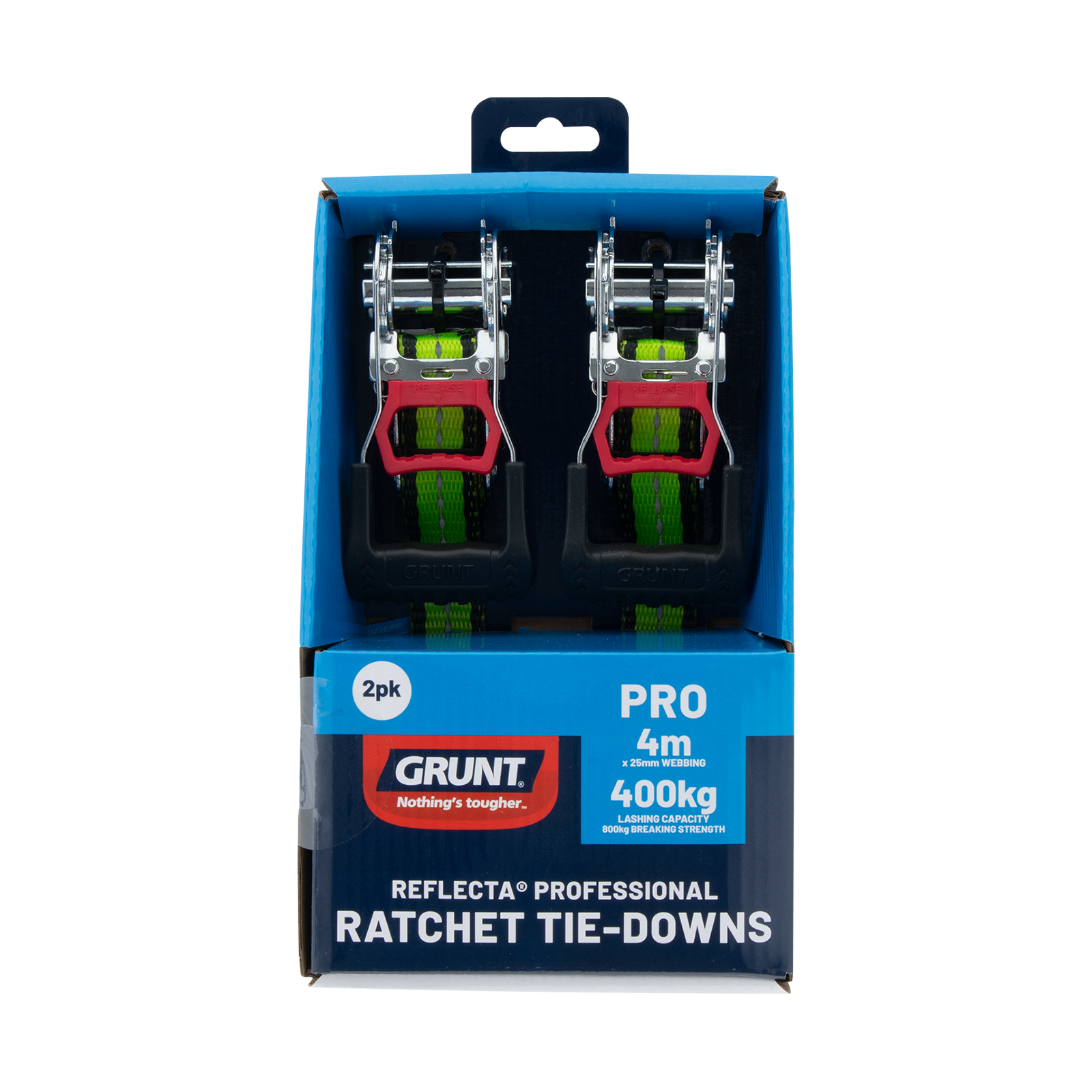 Grunt Pro 25mm x 4m Yellow Ratchet Tie Down - 2 Pack