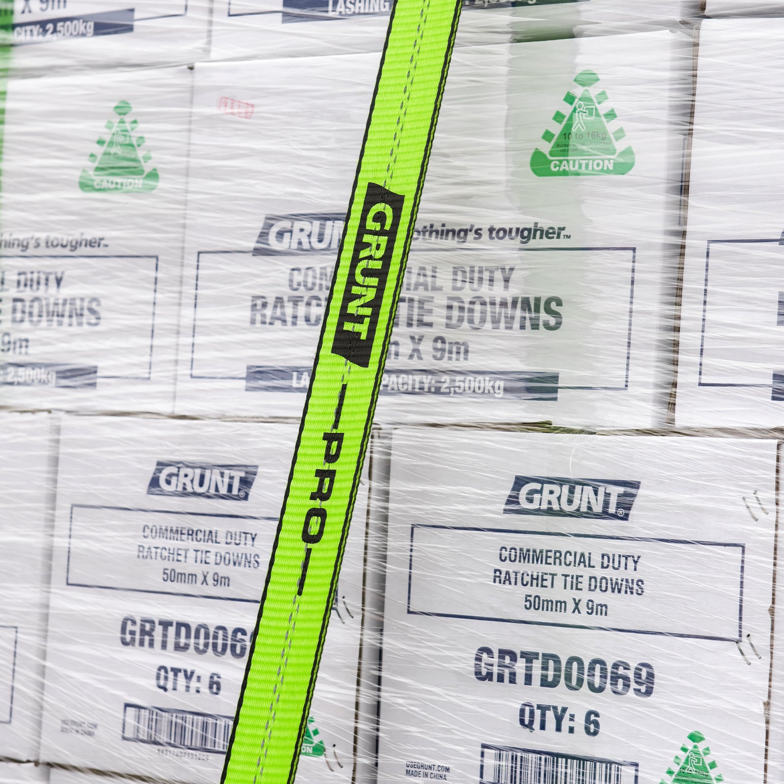 GRUNT Pro 25mm x 4m Green Ratchet Tie Down 2-Pack – professional-grade ratchet straps for motorcycle, bike, and equipment transport. High working load with smooth ratchet action. Available at Bunnings AU and NZ.