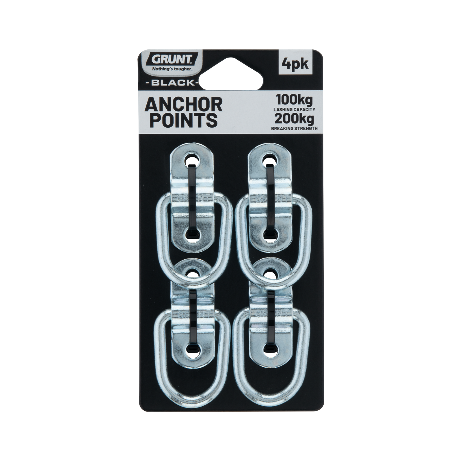 GRUNT Silver Galvanised D Ring Anchor Points 4-Pack – heavy-duty galvanised steel D-ring tie-down anchor points for trailers, utes, and vans. Corrosion-resistant for long-lasting outdoor use. Available at Bunnings AU and NZ.