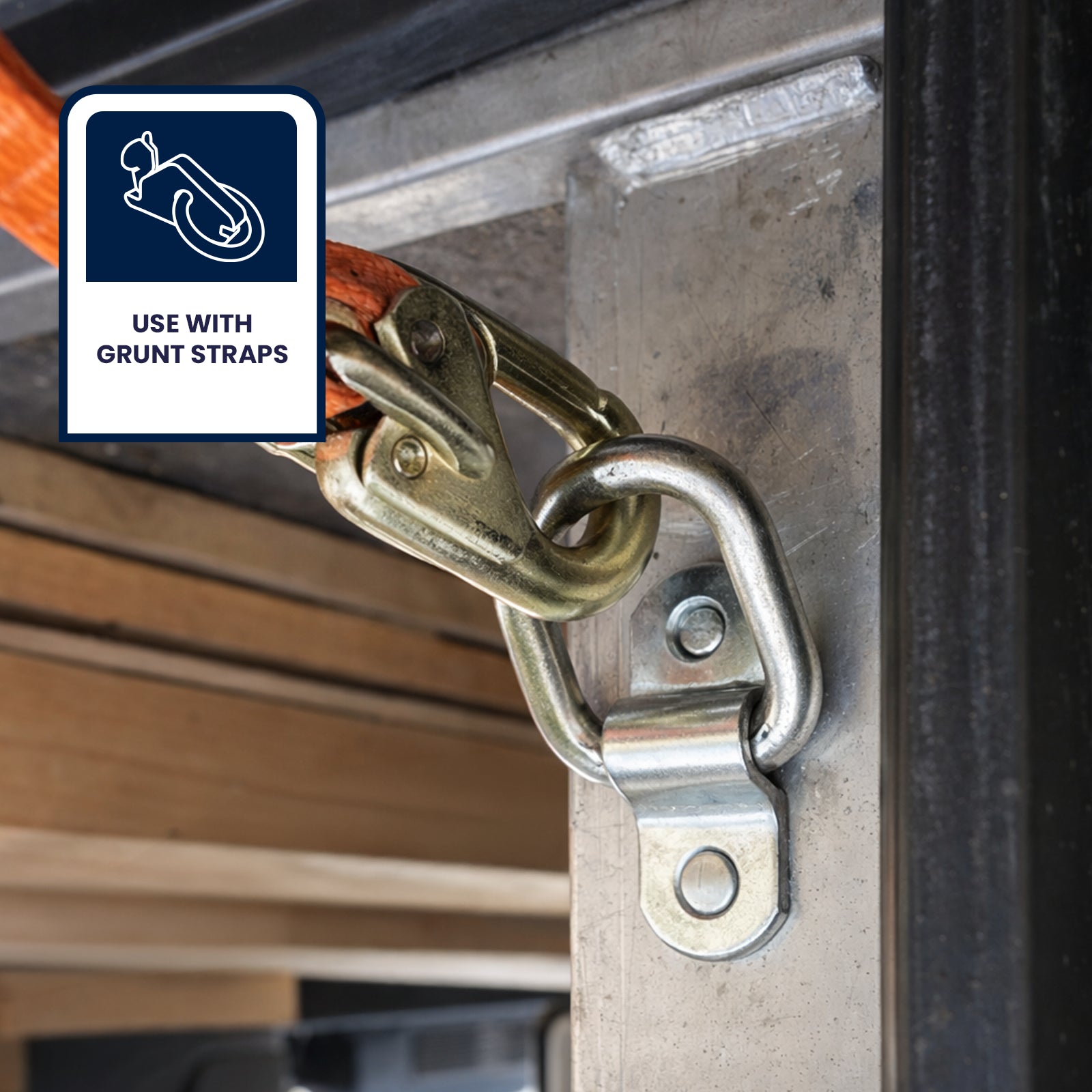 GRUNT Silver Galvanised D Ring Anchor Points 4-Pack – heavy-duty galvanised steel D-ring tie-down anchor points for trailers, utes, and vans. Corrosion-resistant for long-lasting outdoor use. Available at Bunnings AU and NZ.