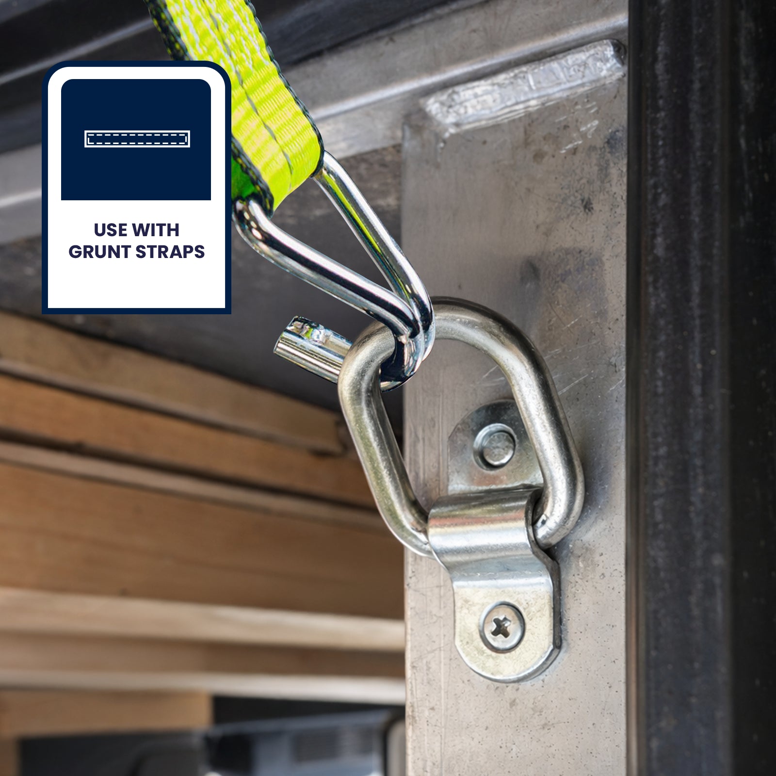 GRUNT Silver Galvanised D Ring Anchor Points 4-Pack – heavy-duty galvanised steel D-ring tie-down anchor points for trailers, utes, and vans. Corrosion-resistant for long-lasting outdoor use. Available at Bunnings AU and NZ.