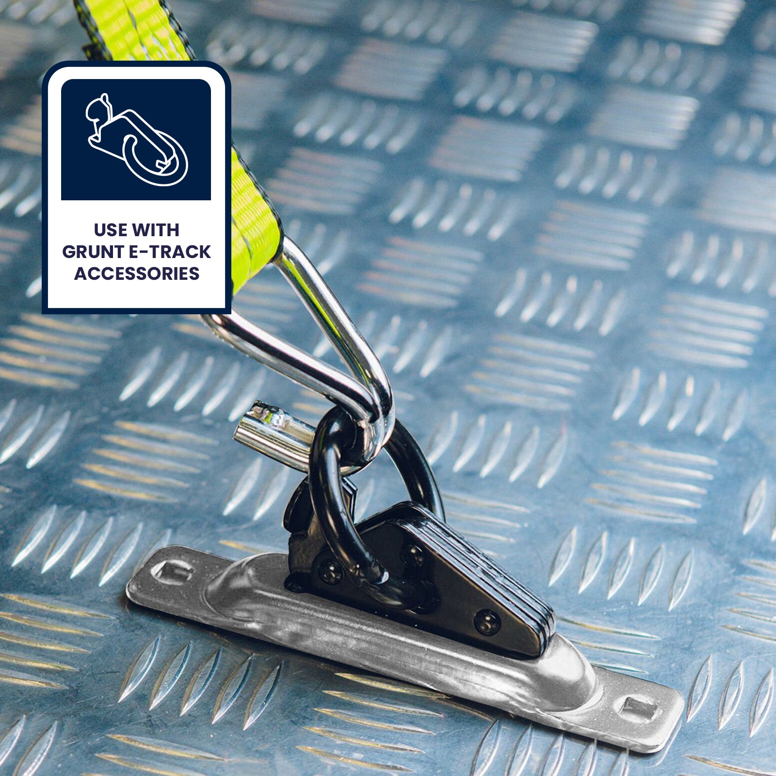GRUNT Single Silver E Track Space Saver Plate – compatible E-Track accessory for trailer and van cargo control systems. Maximises load space and enables flexible tie-down attachment points. Available at Bunnings AU and NZ.