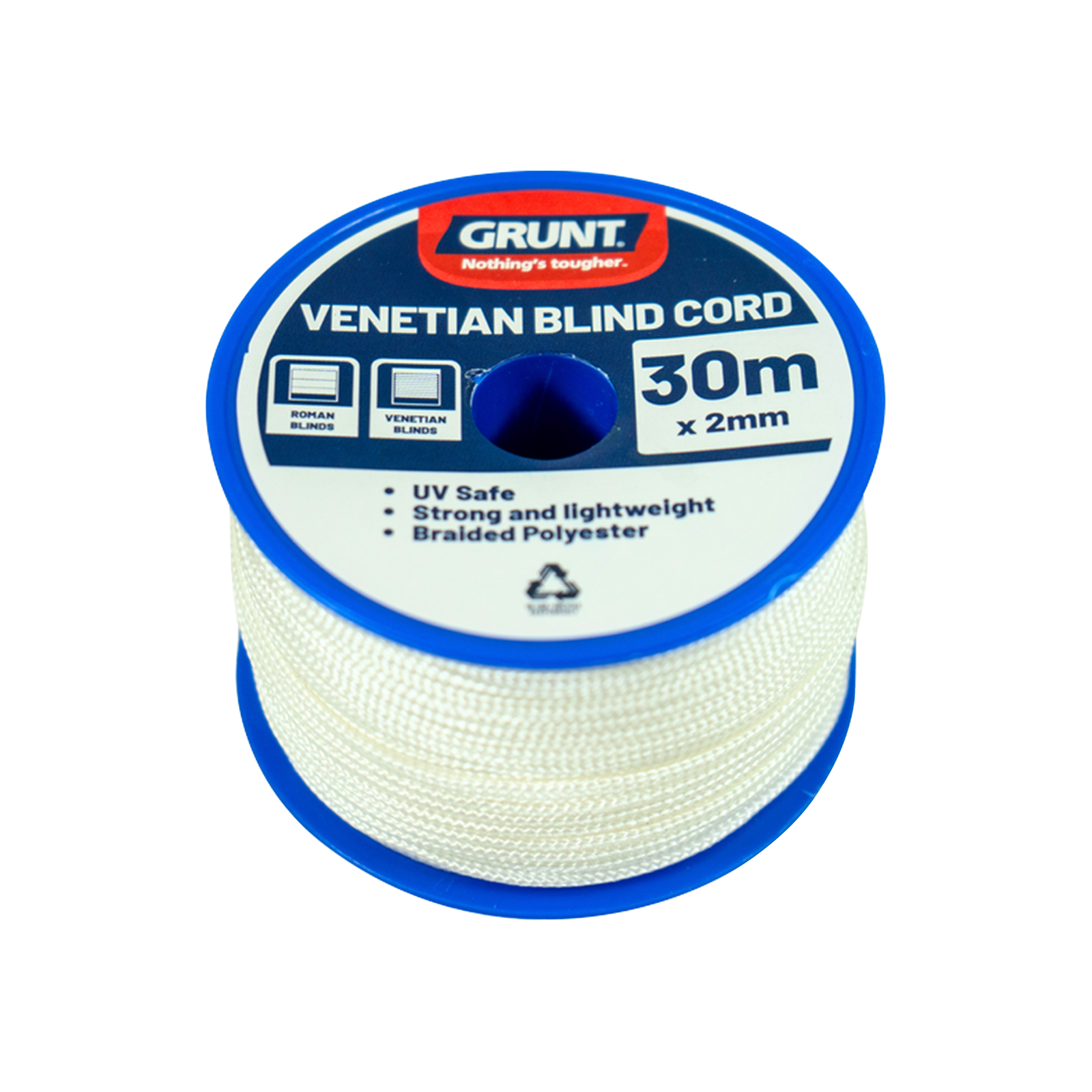 GRUNT 2mm x 30m White Venetian Blind Cord – replacement lift and tilt cord for venetian blinds. Smooth, durable, and easy to thread. Ideal for DIY blind repair. Available at Bunnings AU and NZ.