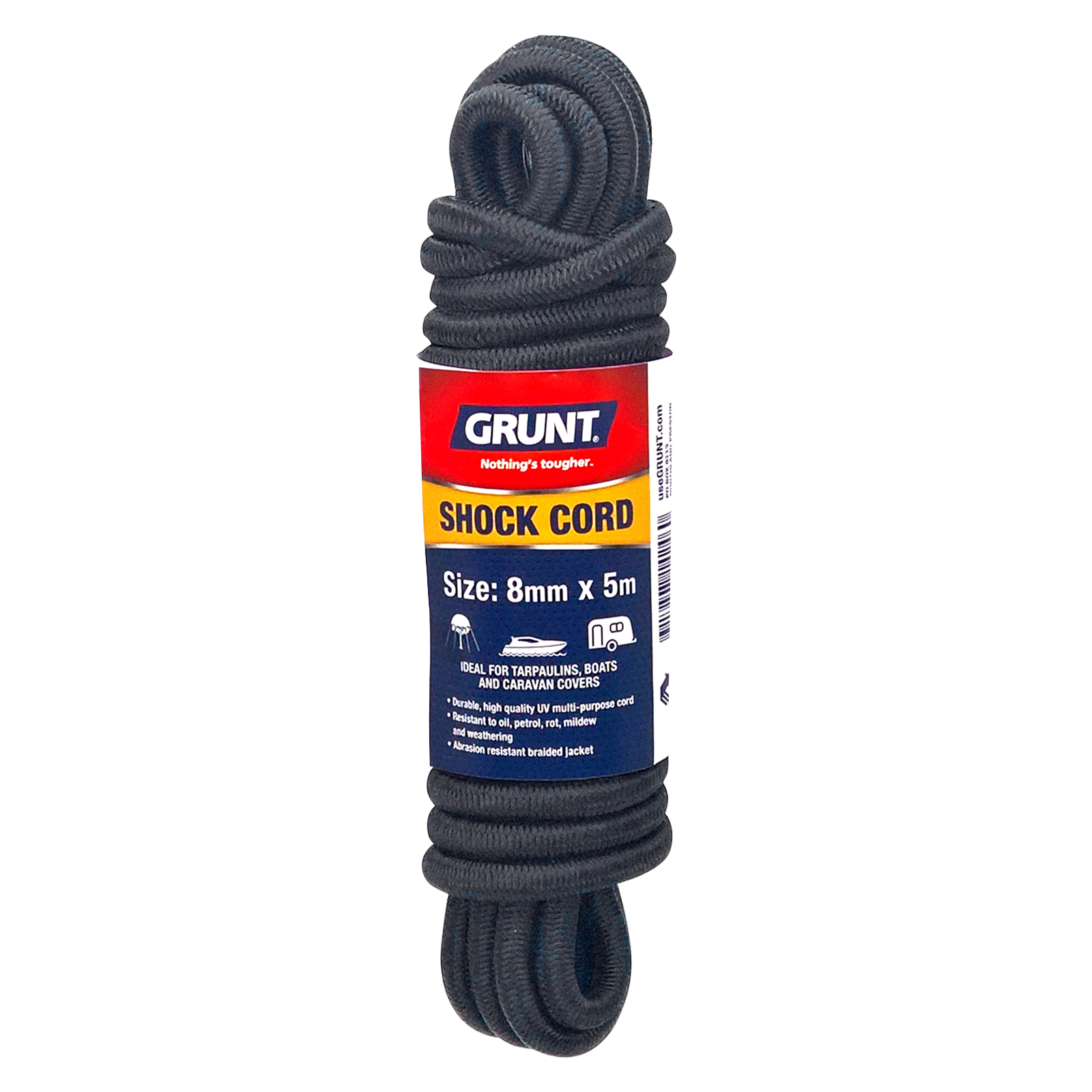 GRUNT 8mm x 5m Black Shock Cord – thick elastic shock cord for heavy-duty securing, boat canvas, and outdoor applications. High-stretch natural rubber core with braided cover. Available at Bunnings AU and NZ.