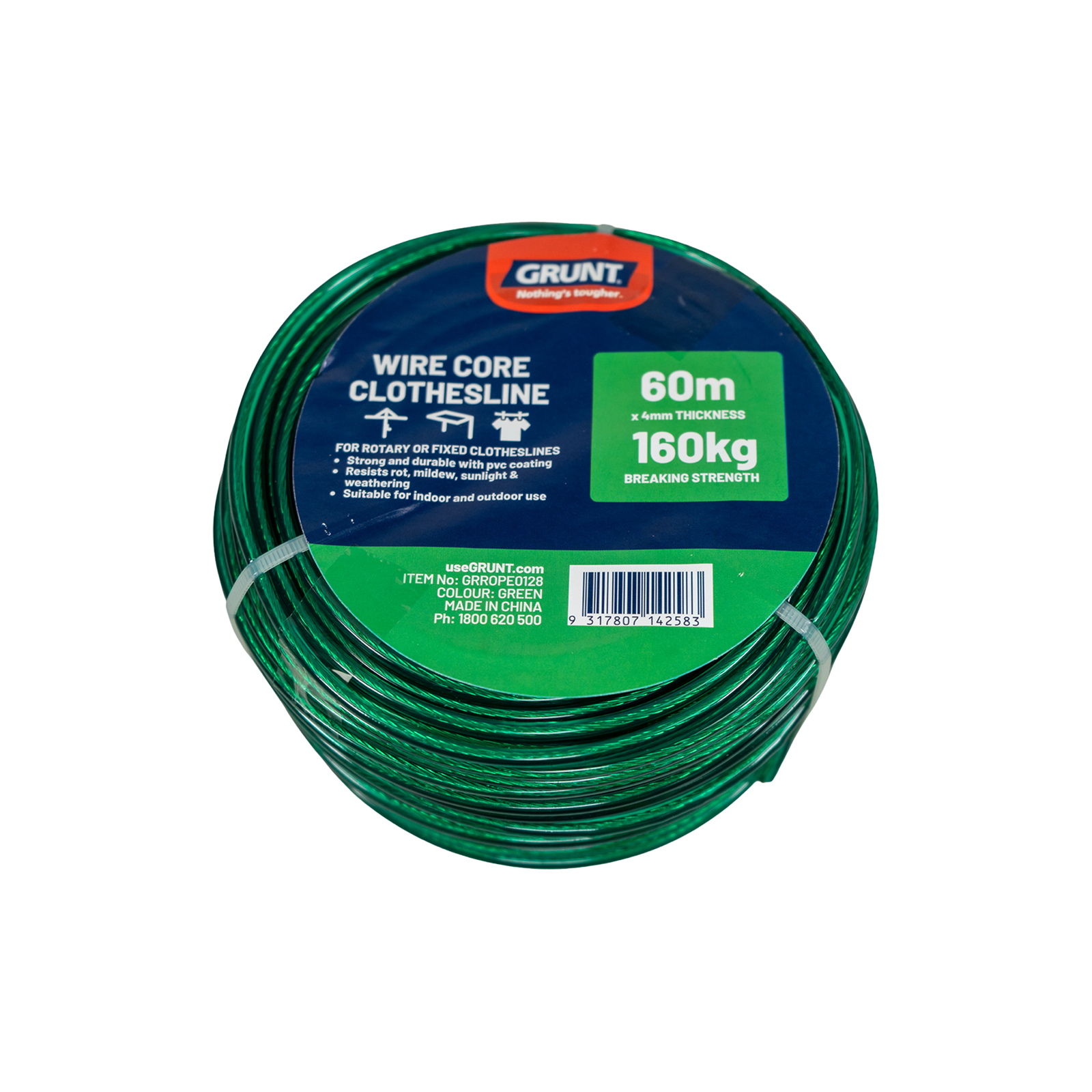 GRUNT 4mm x 60m Green Wire Core Clothesline Wire – long-length green PVC-coated steel clothesline wire for large outdoor areas. Rust-resistant and garden-friendly finish. Available at Bunnings AU and NZ.