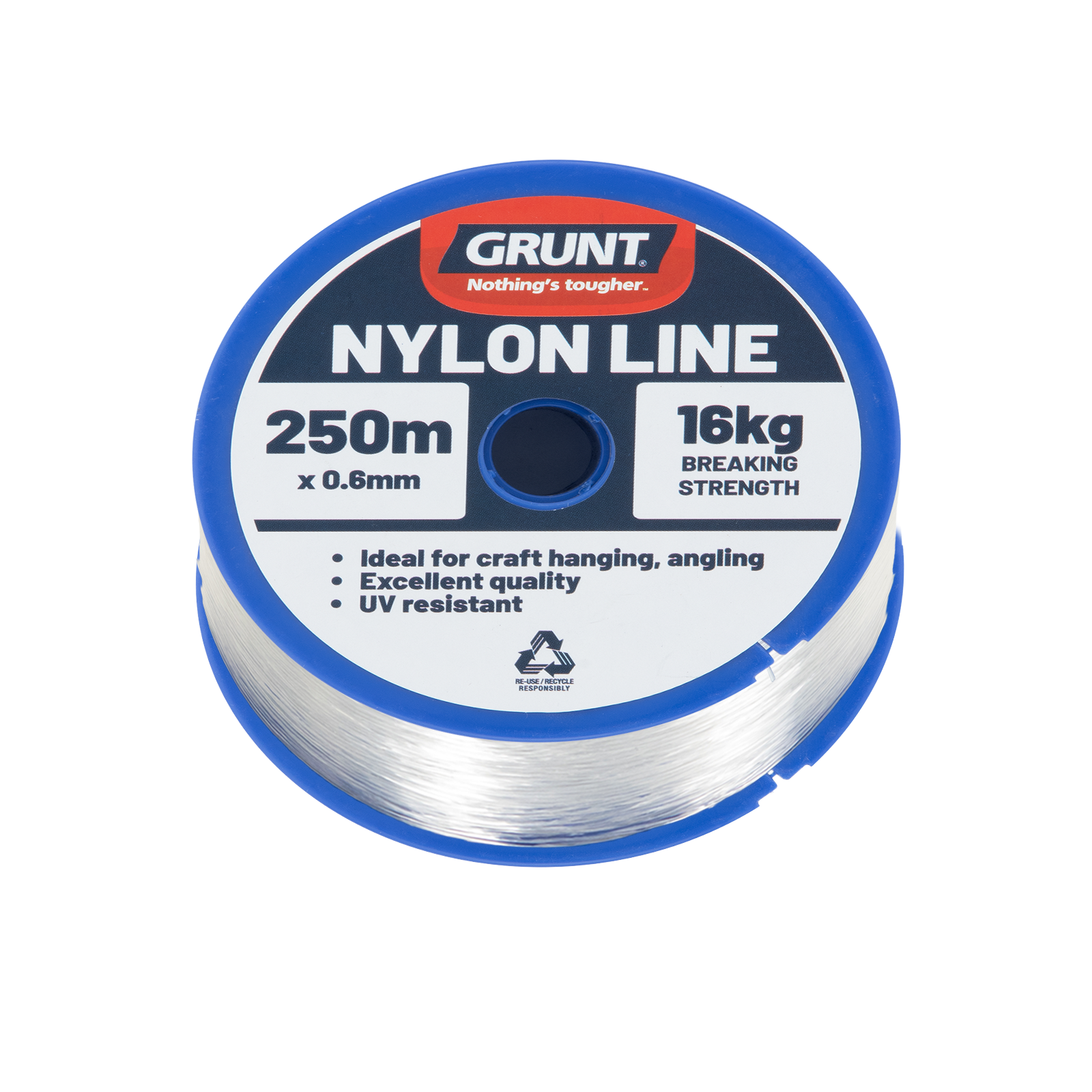 GRUNT Clear Nylon Fishing Line – bulk 250m transparent monofilament line for fishing, display hanging, and craft applications. High-tensile, clear, and durable. Available at Bunnings AU and NZ.