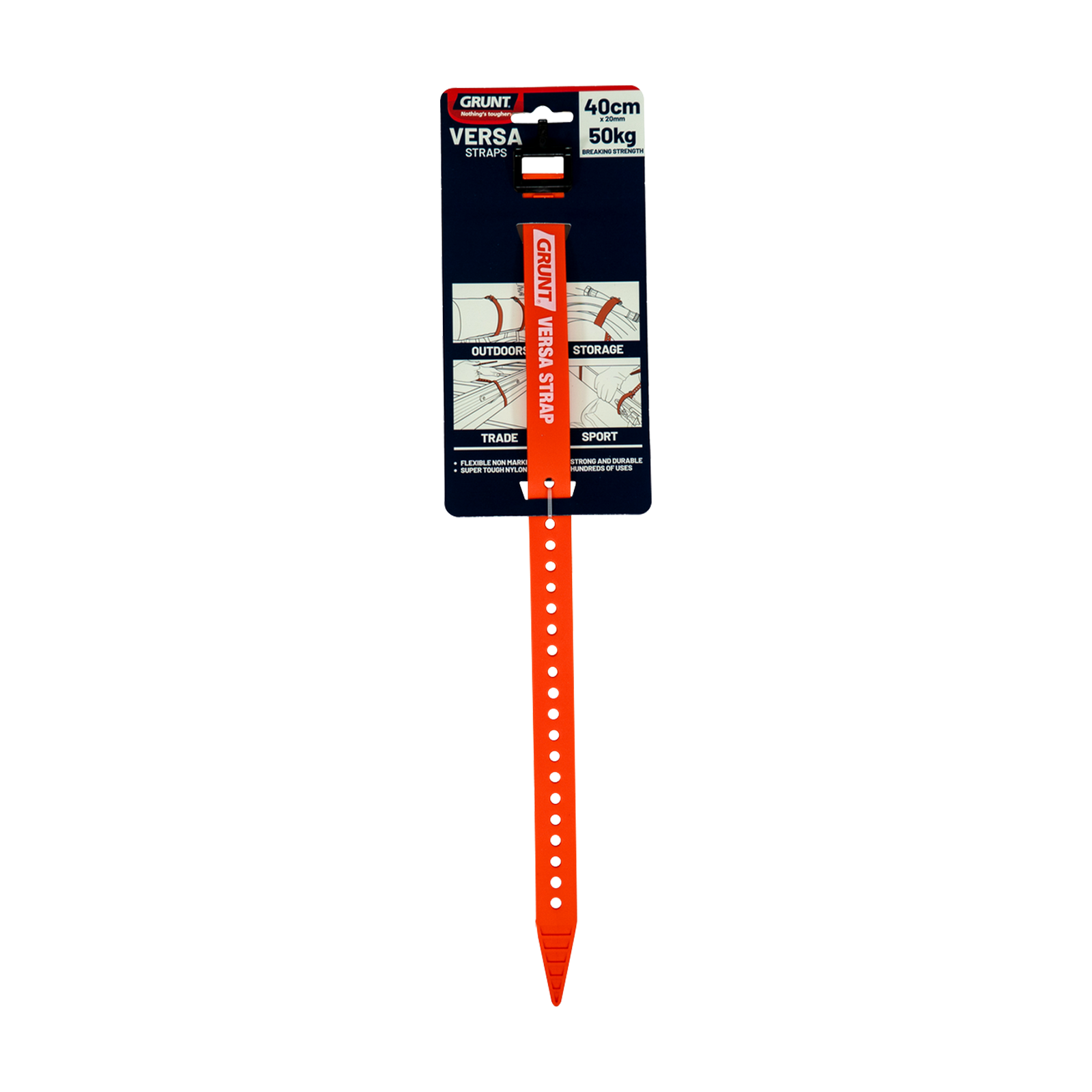 GRUNT 20mm x 40cm Black and Orange Versa Strap – compact multi-purpose securing strap for organising cables, tools, and gear. Reusable hook-and-loop design for quick attach and release. Available at Bunnings AU and NZ.