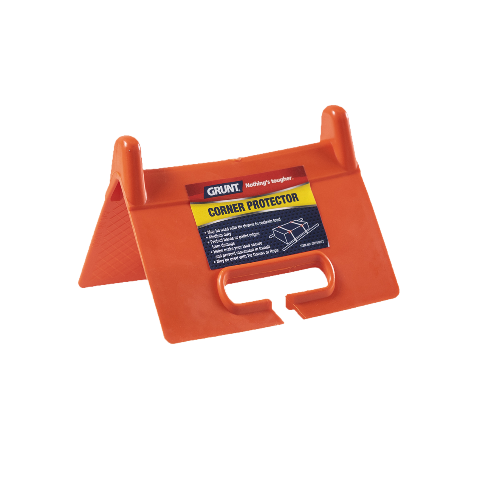 GRUNT 200mm Orange Open Edge Corner Tie Down Protector – heavy-duty corner protector for straps and tie-downs. Prevents cutting, fraying, and damage to straps over sharp edges during cargo transport. Available at Bunnings AU and NZ.