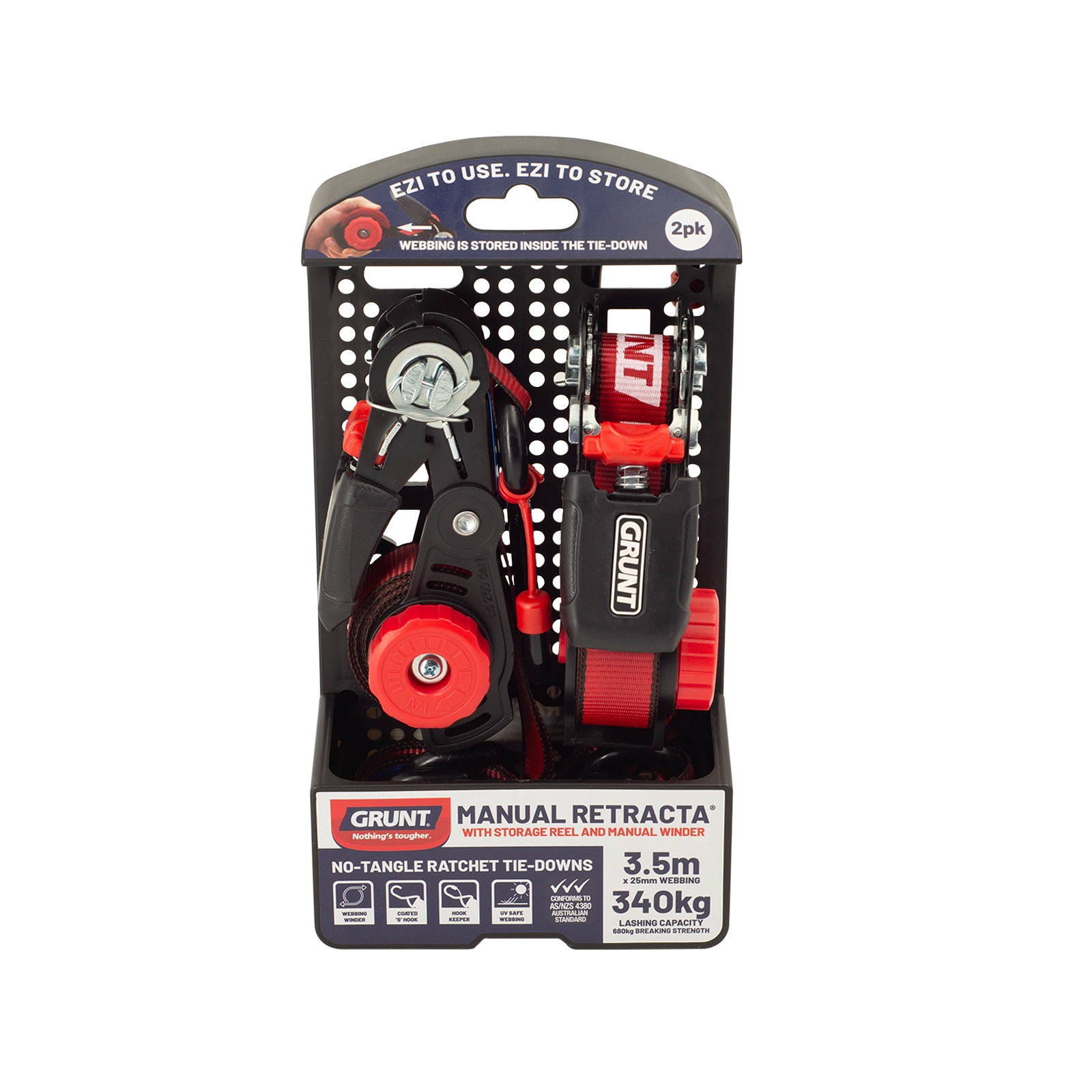 Grunt 25mm x 3.5m 340kg Red Manual Retractable Ratchet Tie Down - 2 Pack