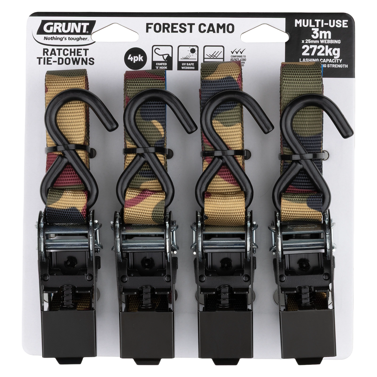 Grunt 25mm X 3m Forest Camo 272kg Black Ratchet Tie Down