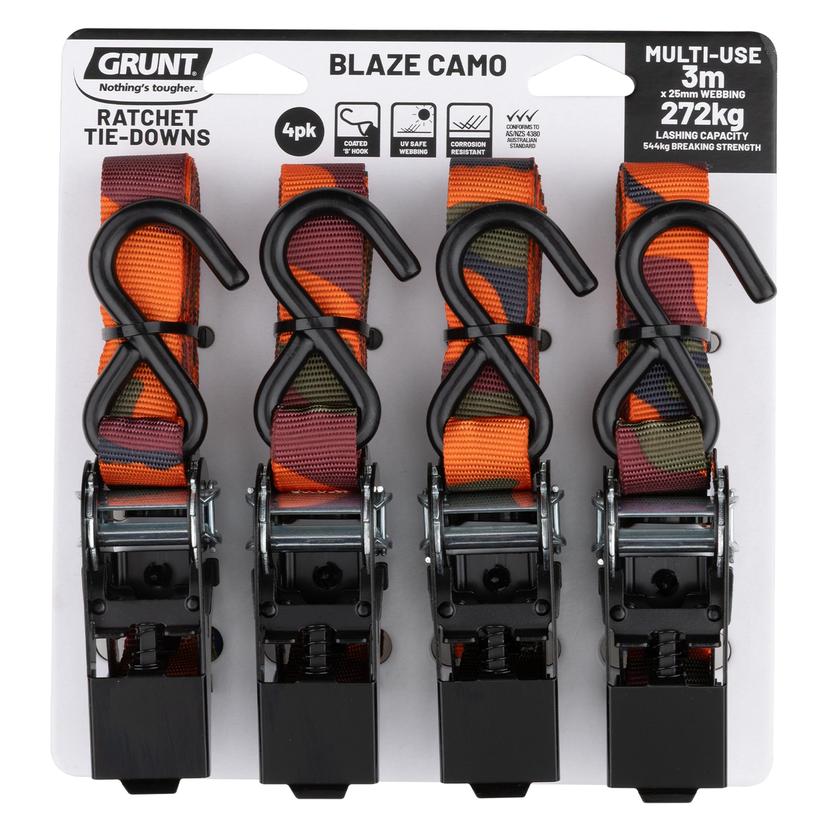 Grunt 25mm X 3m Blaze Camo 272kg Orange Ratchet Tie Down