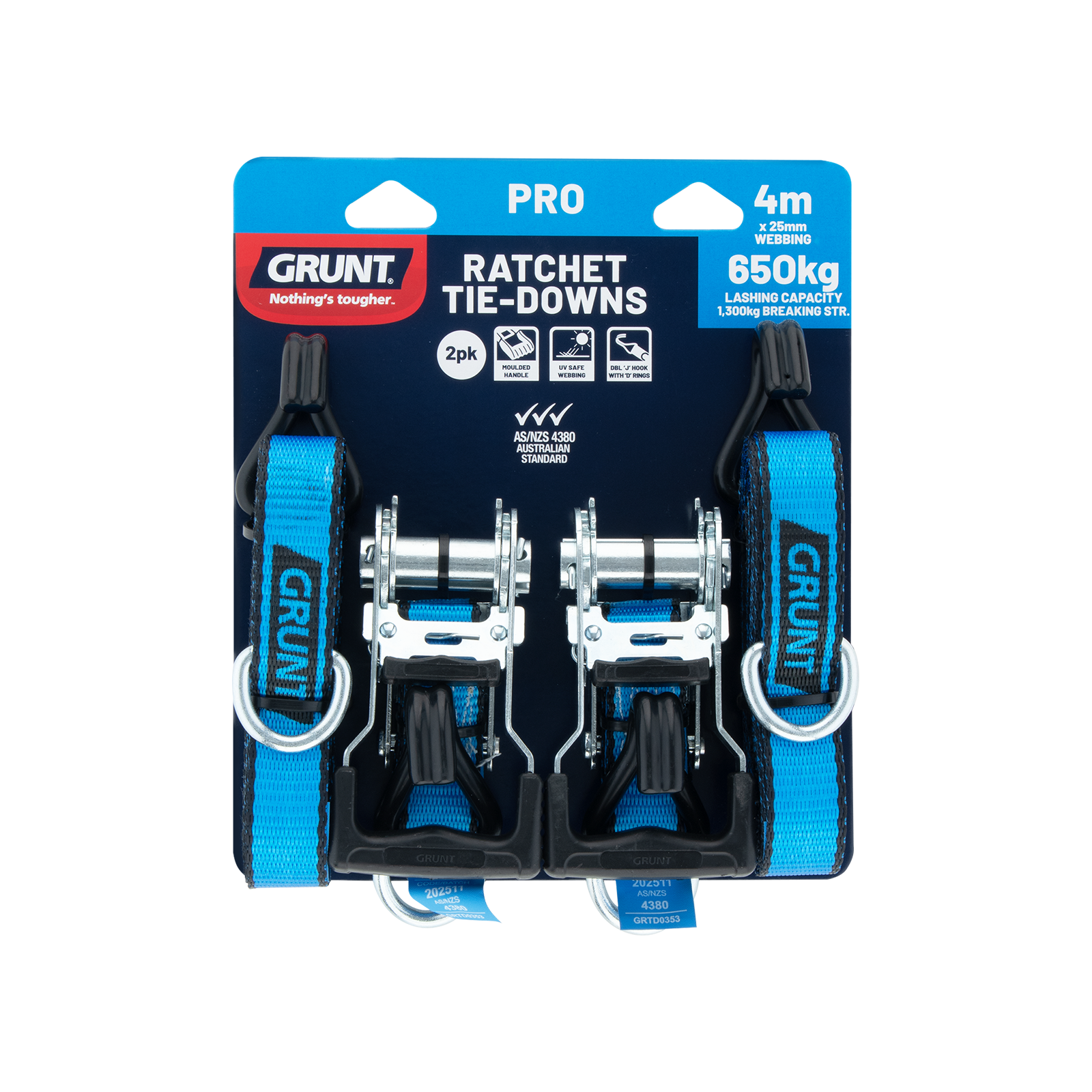 GRUNT 25mm x 4m Blue and Black Ratchet Tie Down Straps 2-Pack – compact ratchet straps for securing light-to-medium loads on trailers, utes, and roof racks. Easy-to-use ratchet mechanism. Available at Bunnings AU.
