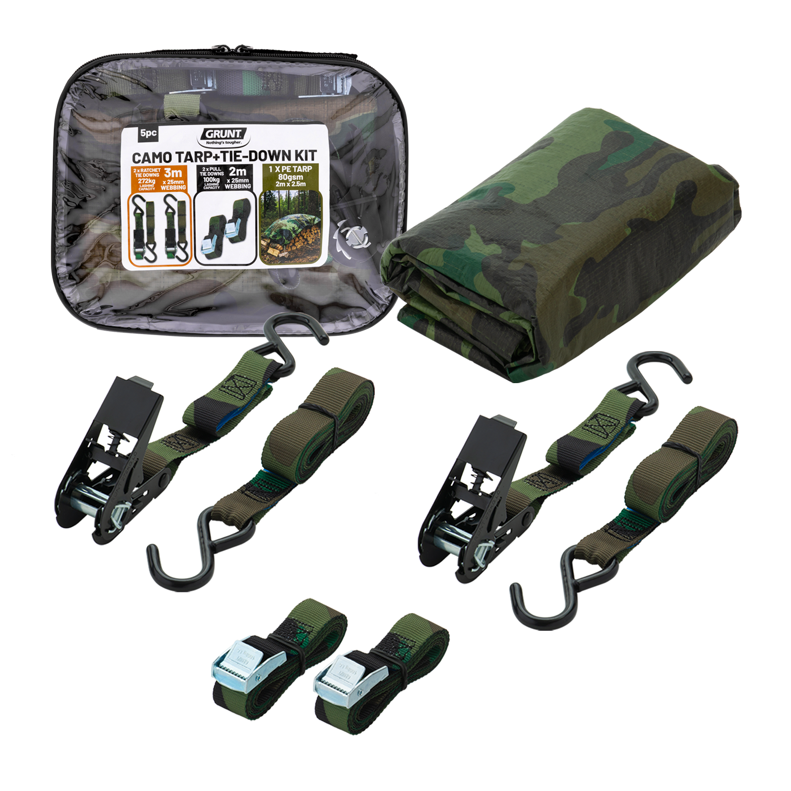 Grunt Camo Ratchet Straps, Cambuckle, & Tarp - 5 Piece Kit
