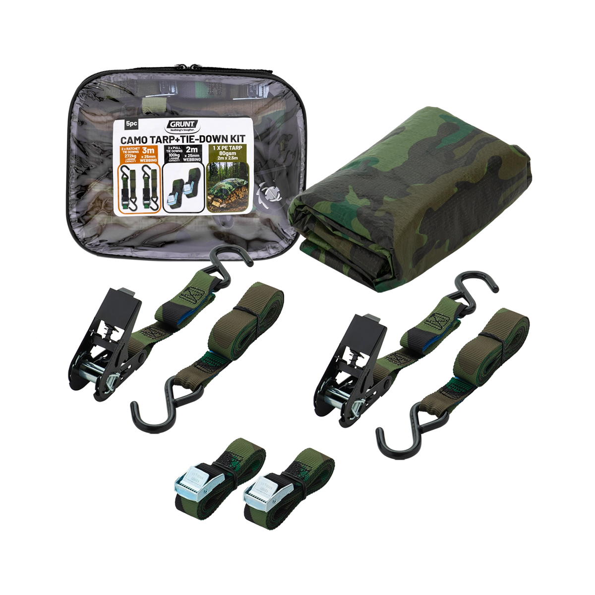 Grunt Camo Ratchet Straps, Cambuckle, & Tarp - 5 Piece Kit