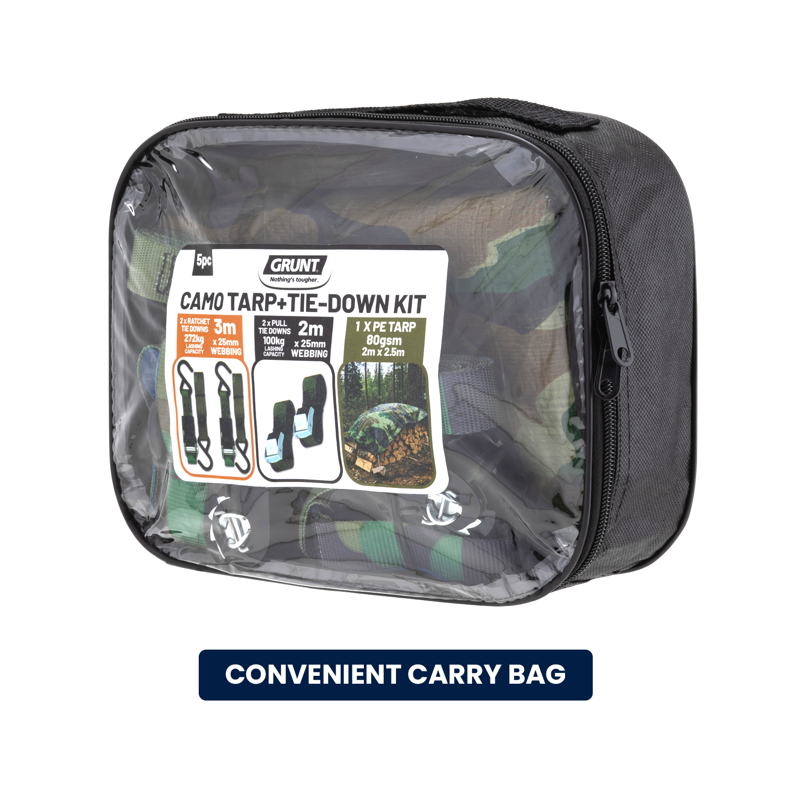 Grunt Camo Ratchet Straps, Cambuckle, & Tarp - 5 Piece Kit