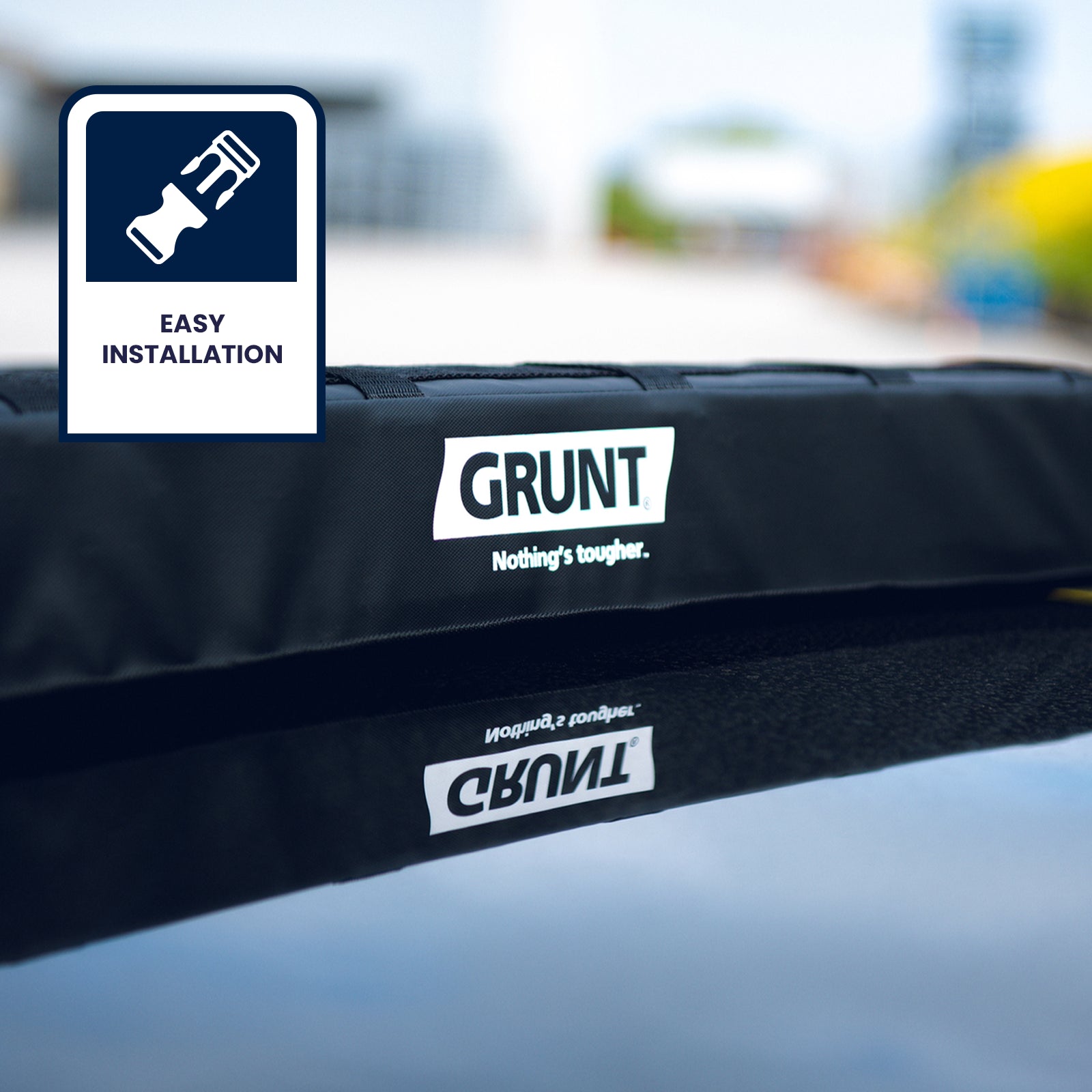 GRUNT 1000mm Black Deluxe Soft Roof Rack Cargo Protector – padded single-piece foam protector for roof racks and crossbars. Prevents cargo damage and vehicle paintwork scratches during transport. Available at Bunnings AU and NZ.