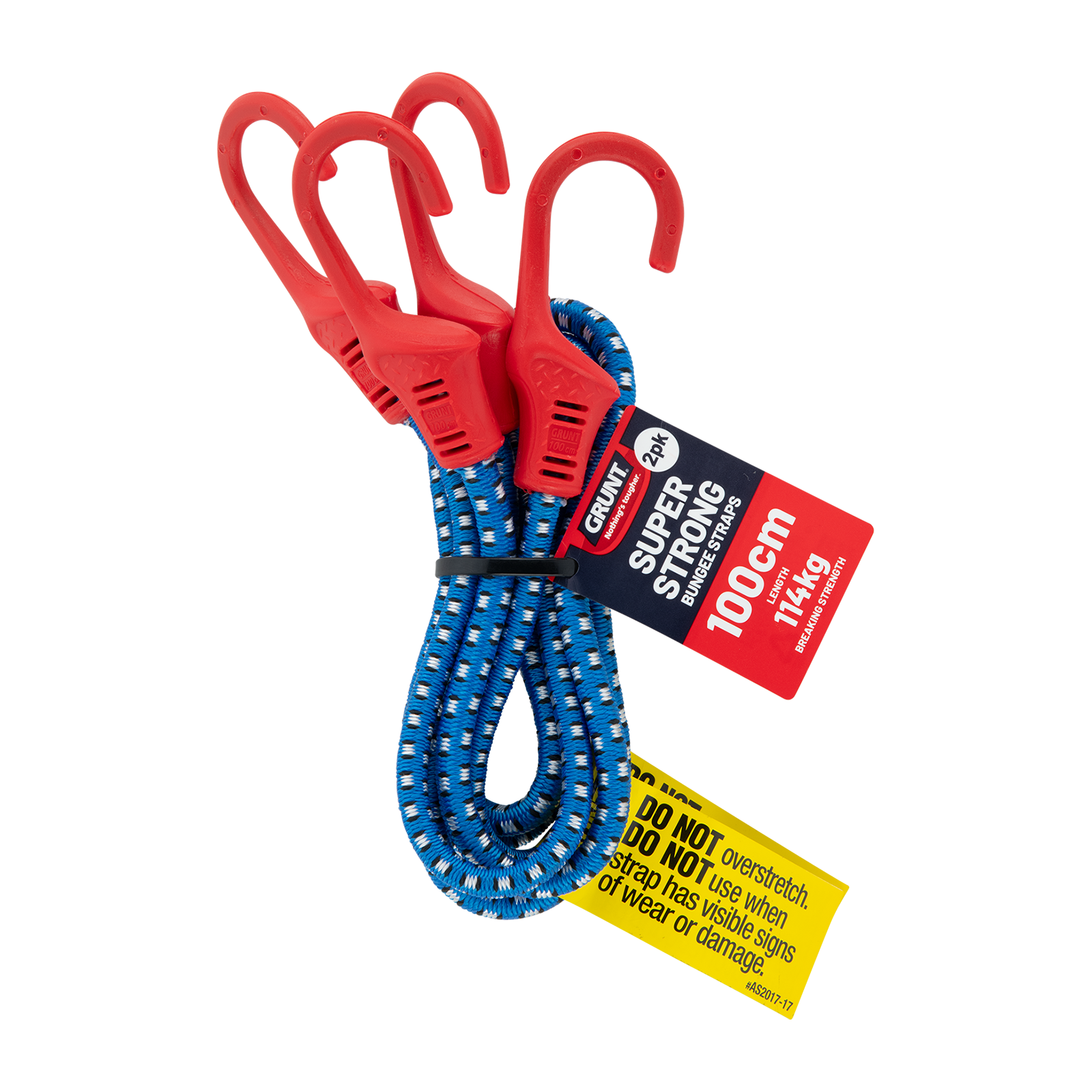 GRUNT 1000mm Blue and Black Octopus Tie Down Straps 2-Pack – multi-hook elastic straps for securing camping gear, bikes, and loads to racks and trailers. Versatile and easy to attach. Available at Bunnings AU and NZ.