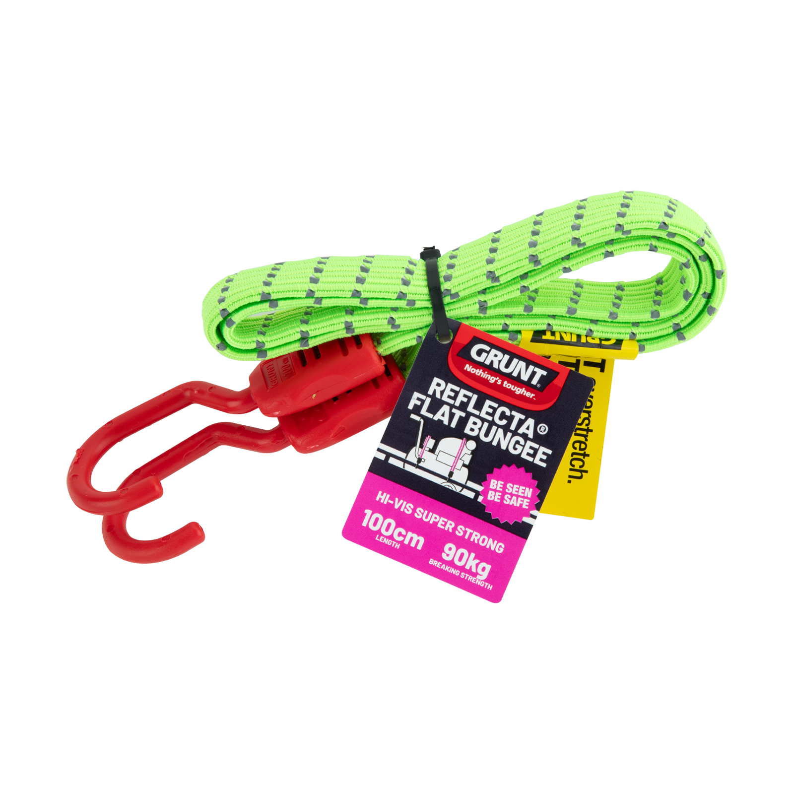 GRUNT 1m Fluro Orange Reflecta Flat Bungee Strap – long high-visibility reflective flat bungee strap for securing larger loads on trailers, racks, and utes. Day and night load safety. Available at Bunnings AU and NZ.