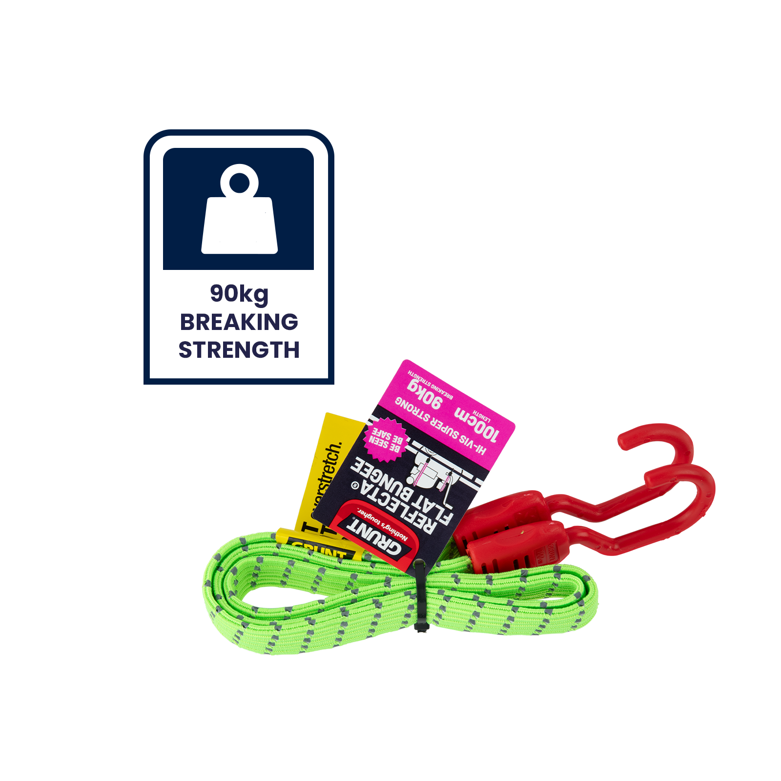 GRUNT 1m Fluro Orange Reflecta Flat Bungee Strap – long high-visibility reflective flat bungee strap for securing larger loads on trailers, racks, and utes. Day and night load safety. Available at Bunnings AU and NZ.