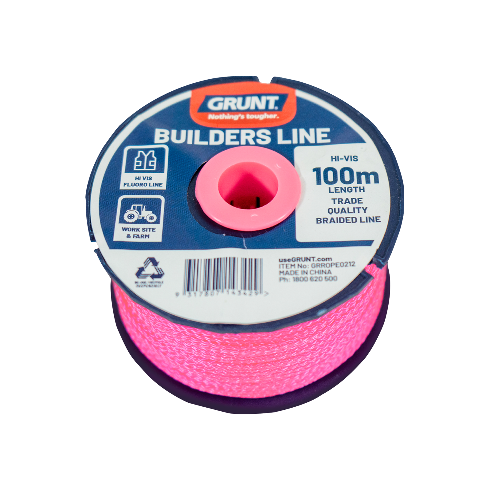 GRUNT 100m Fluorescent Builders Line – high-visibility fluorescent nylon string for bricklaying, construction layout, and site marking. UV-stable and easy to spot on-site. Available at Bunnings AU.